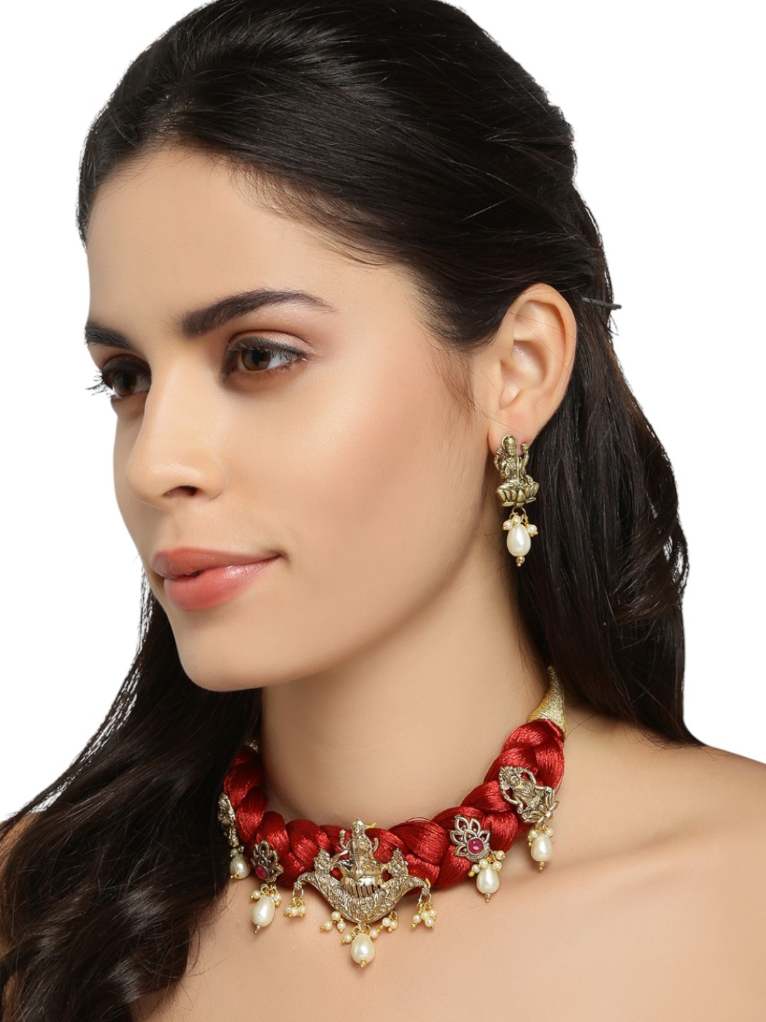 Anouk Gold-Plated And Red Pearls Beaded Lakshmi Mata Idol Necklace And Earrings