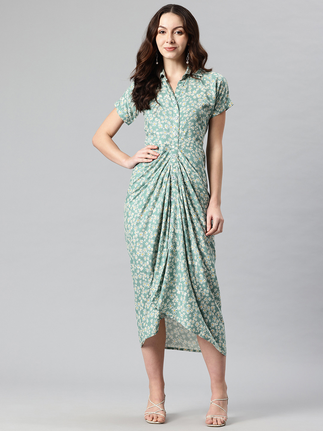 Cottinfab Floral Printed Asymmetric Hem Shirt Midi Dress with Pleated Detail