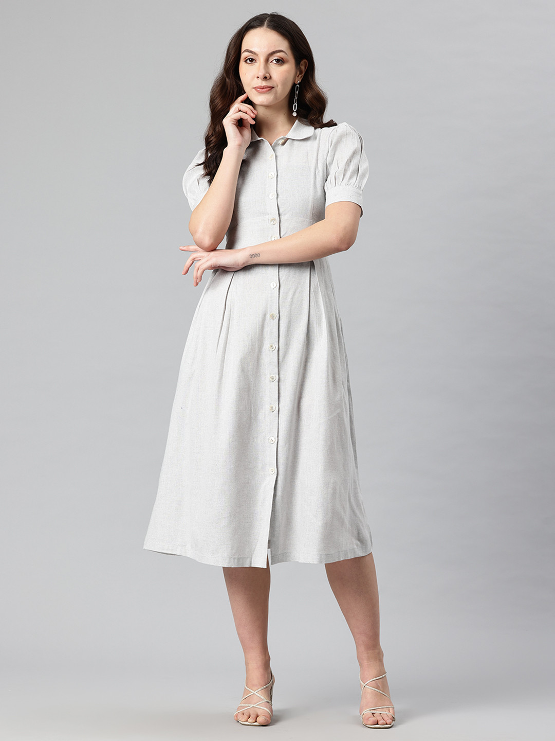 Cottinfab Puff Sleeve Shirt Midi Dress with Tie Up Detail