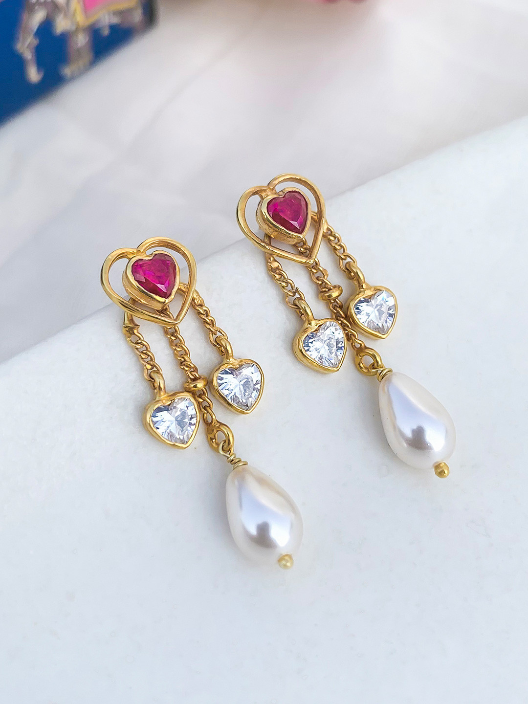 Unniyarcha 92.5 Silver Gold-Toned Heart Shaped Valentine's Day Drop Earrings