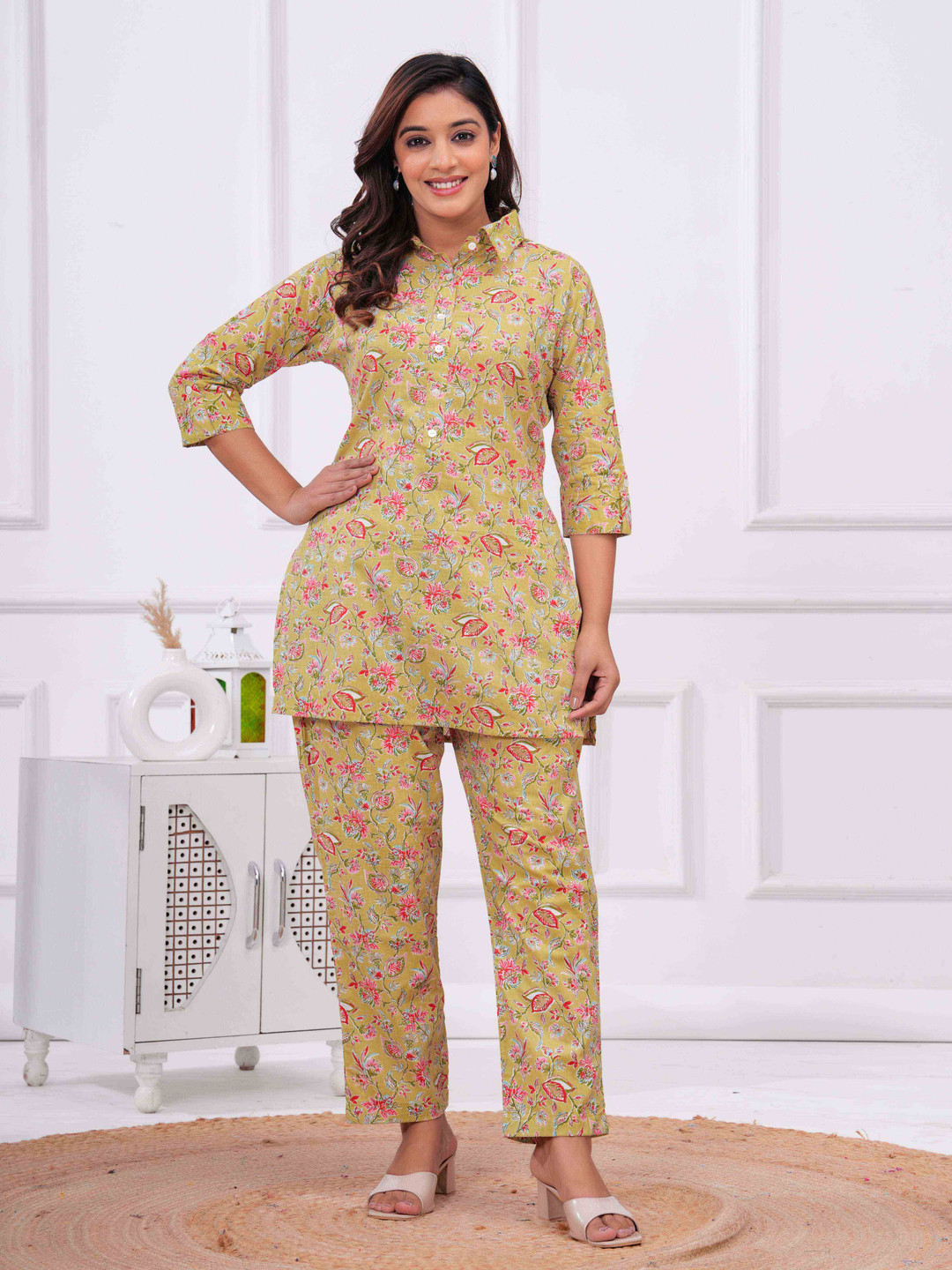 mad fury Printed Shirt Collar Pure Cotton Tunic With Trouser