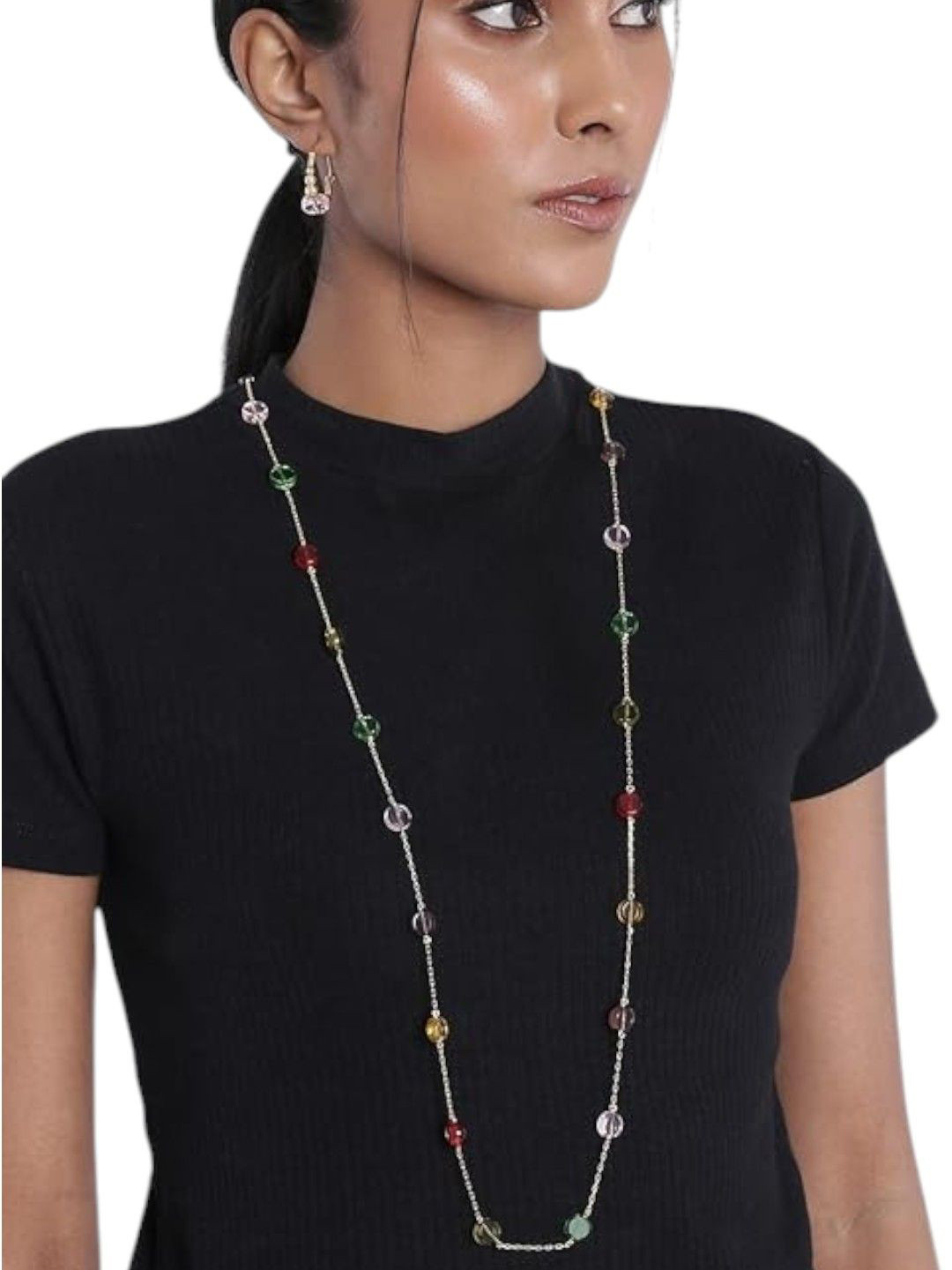 DressBerry Gold Plated Beaded Long-chain Necklace With Hoop Earrings Jewellery Set