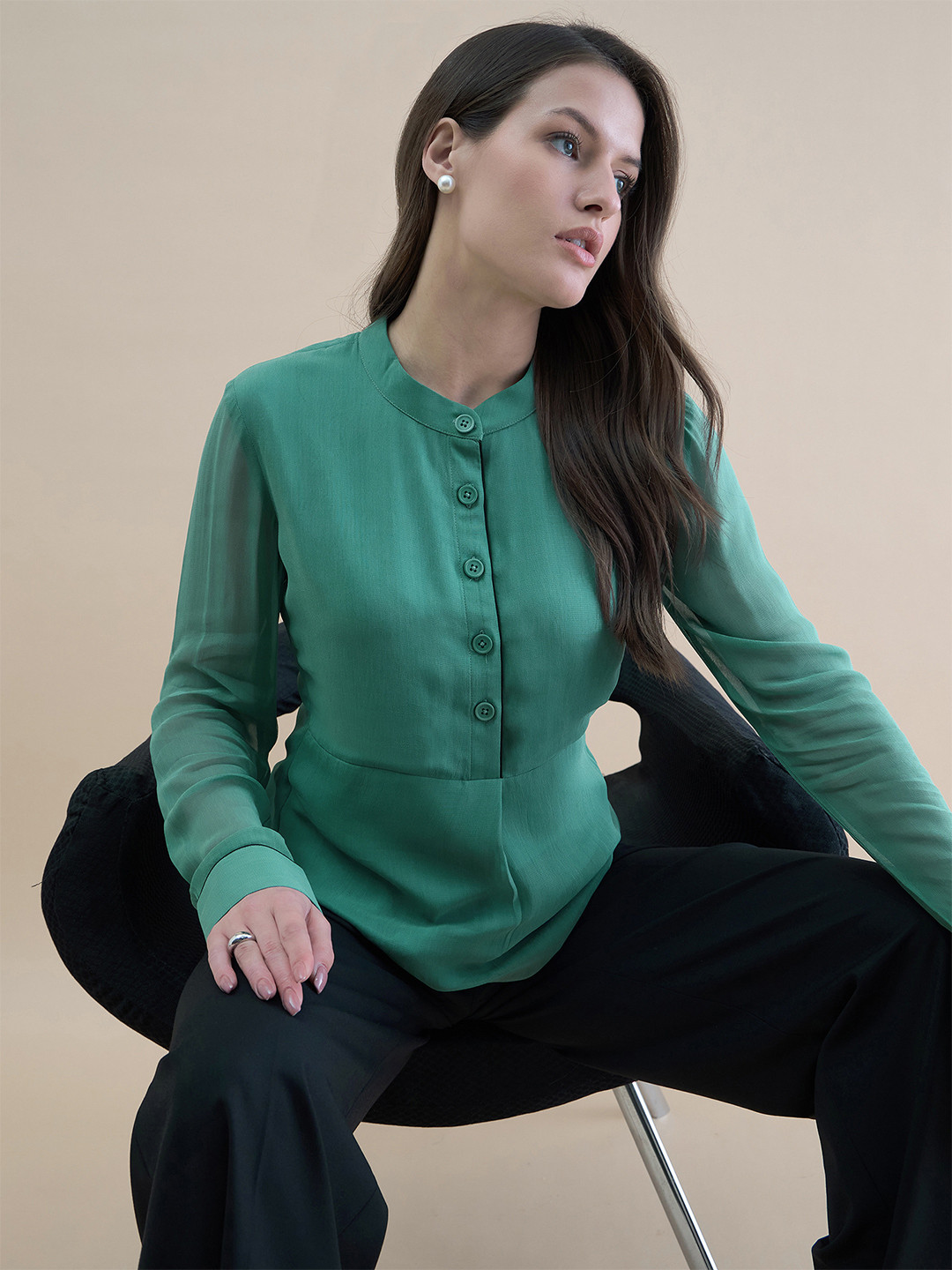 PowerSutra Women Mandarin Collar Long Sleeve Piping Detailed Button-Up Top