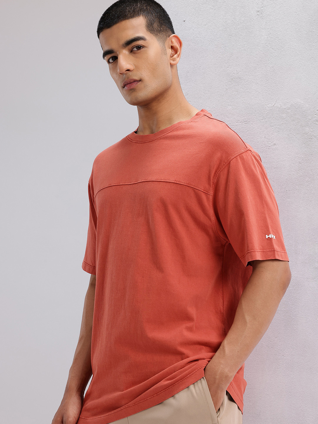 HRX by Hrithik Roshan Drop-Shoulder Sleeves Panelled Pure Cotton Lifestyle Relaxed Fit T-shirt