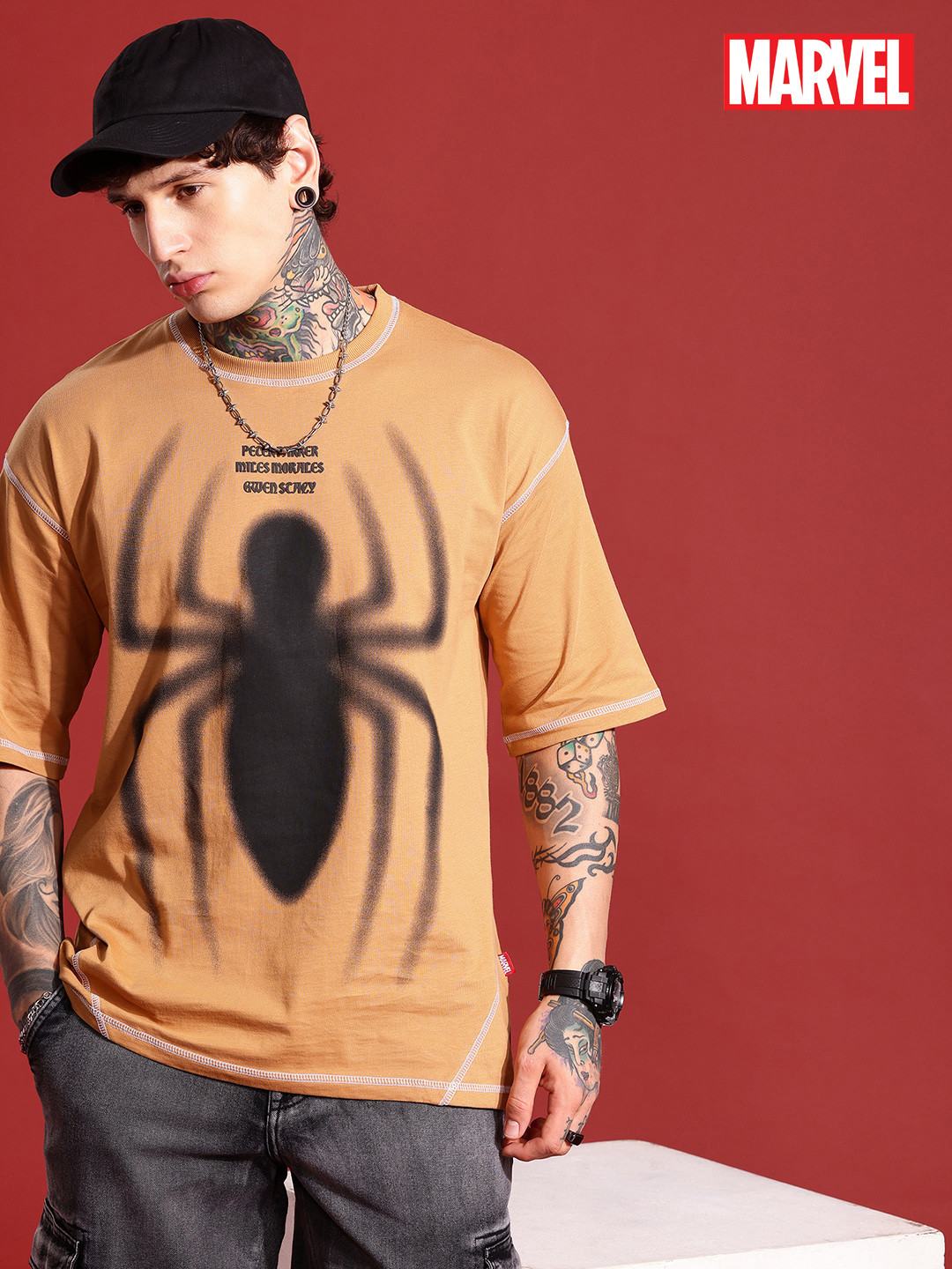 MARVEL STREET Spider-Man Printed Drop-Shoulder Sleeves Pure Cotton Oversized T-shirt