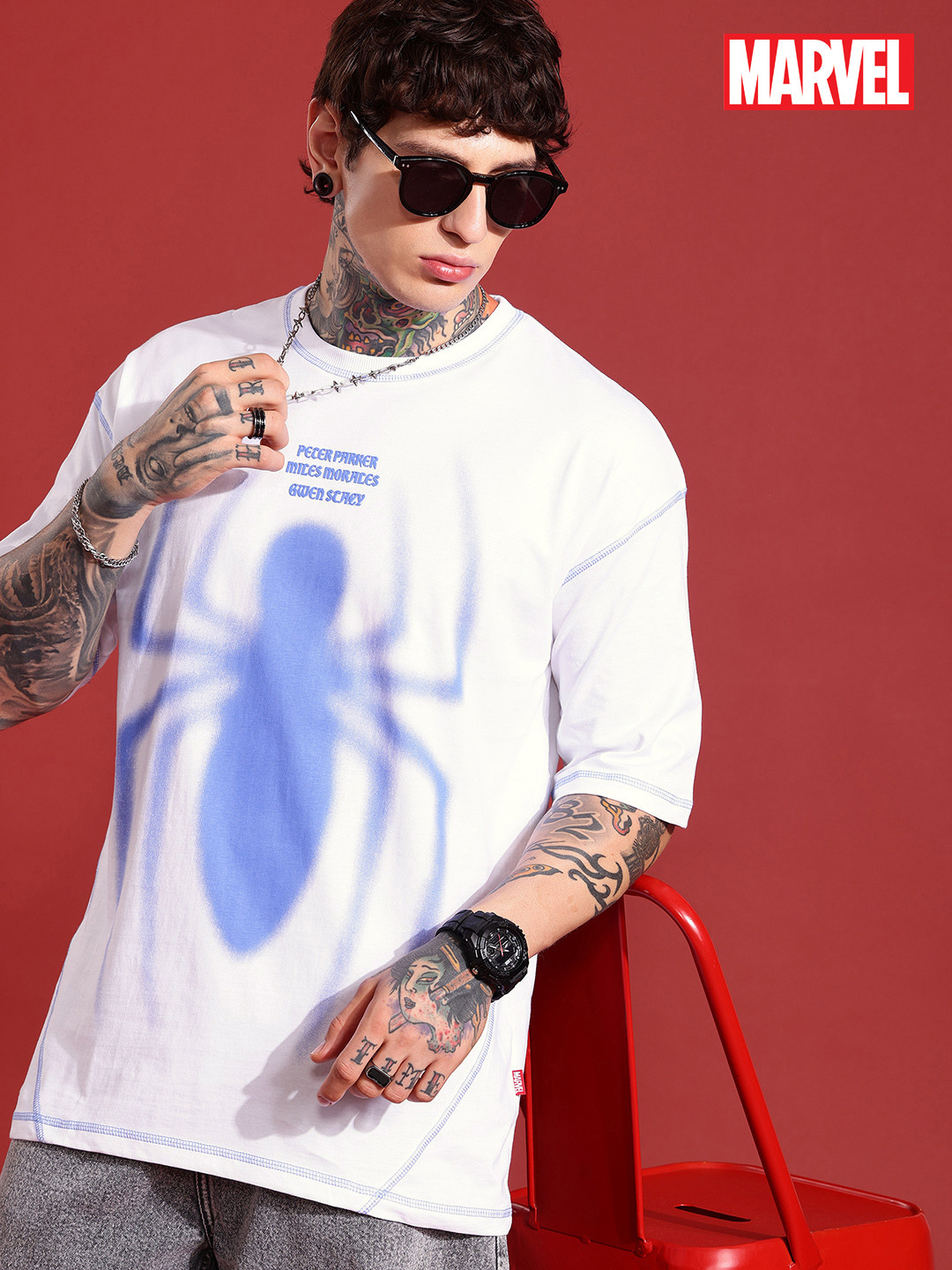 MARVEL STREET Spider-Man Printed Drop-Shoulder Sleeves Pure Cotton Oversized T-shirt