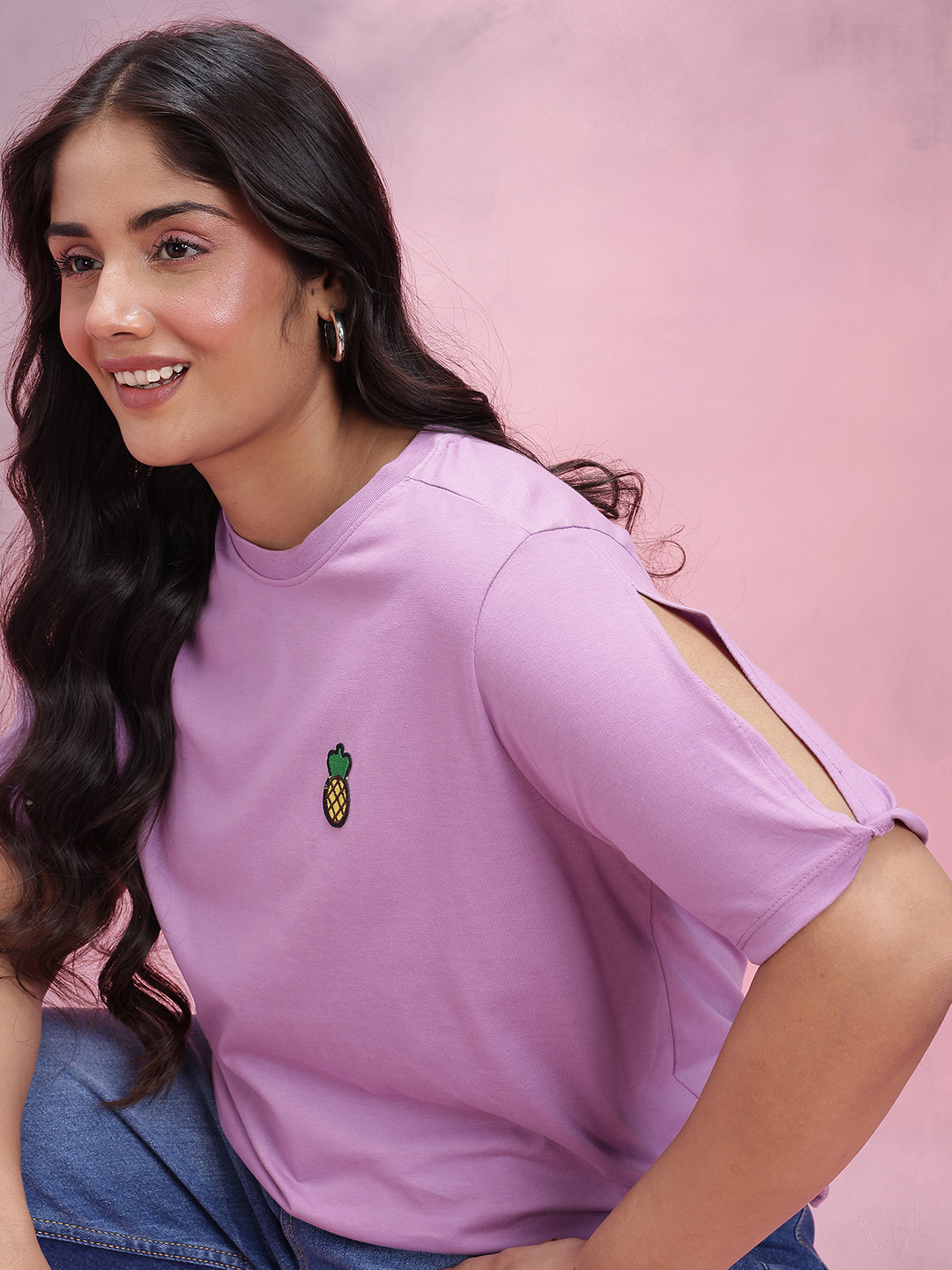 DressBerry Curve Plus Size Applique Detail Cut-Out Sleeves Pure Cotton T-shirt