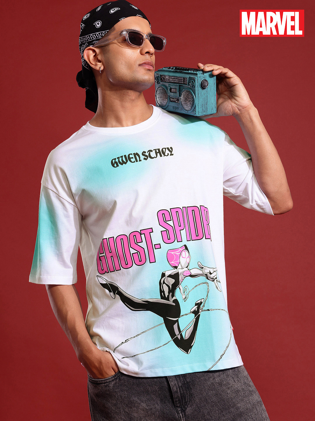 MARVEL STREET Ghost Spider Printed Drop-Shoulder Sleeves Pure Cotton Relaxed Fit T-shirt