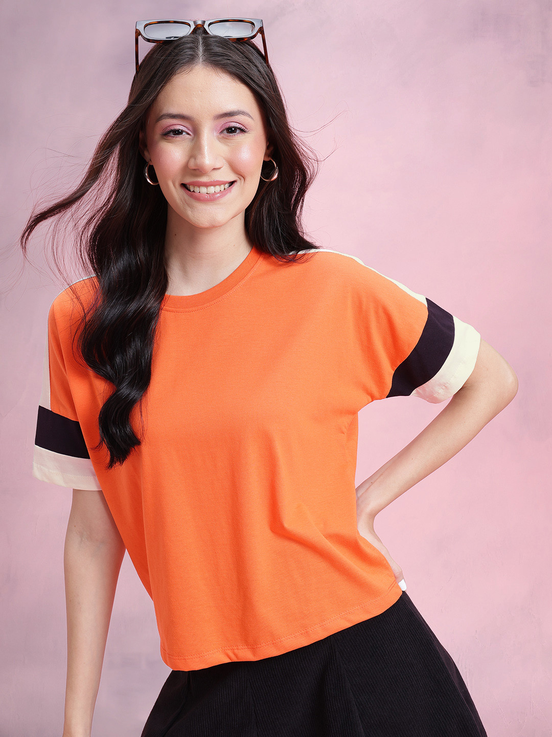 DressBerry Panelling Design Extended Sleeves Pure Cotton T-shirt