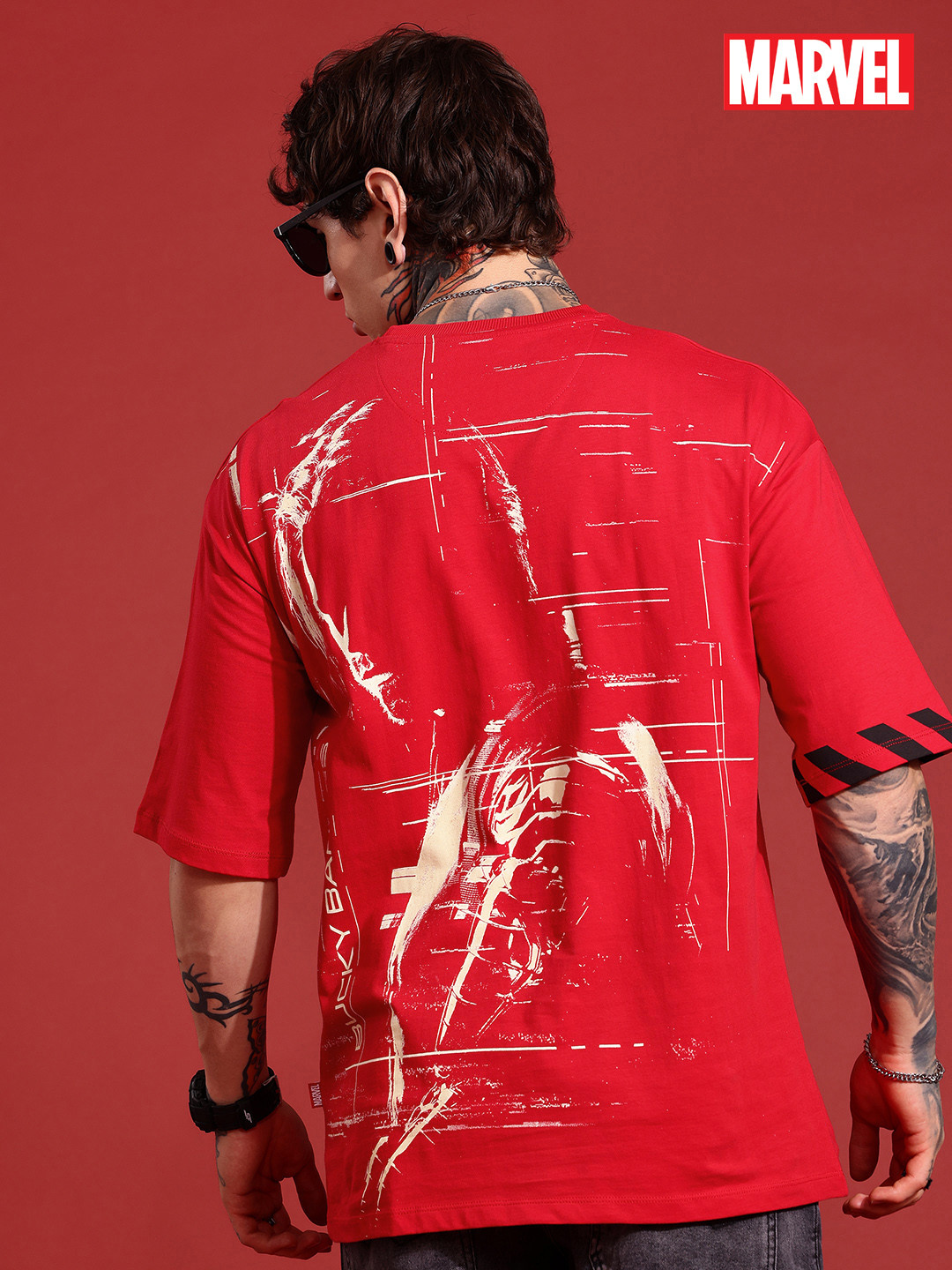 MARVEL STREET Graphic Printed Drop-Shoulder Pure Cotton Oversized T-shirt With Pocket