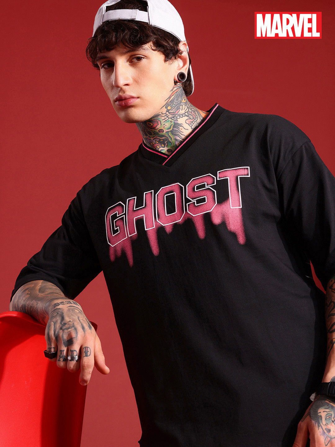 MARVEL STREET Graphic & Typographic Printed V-Neck Pure Cotton Oversized T-shirt