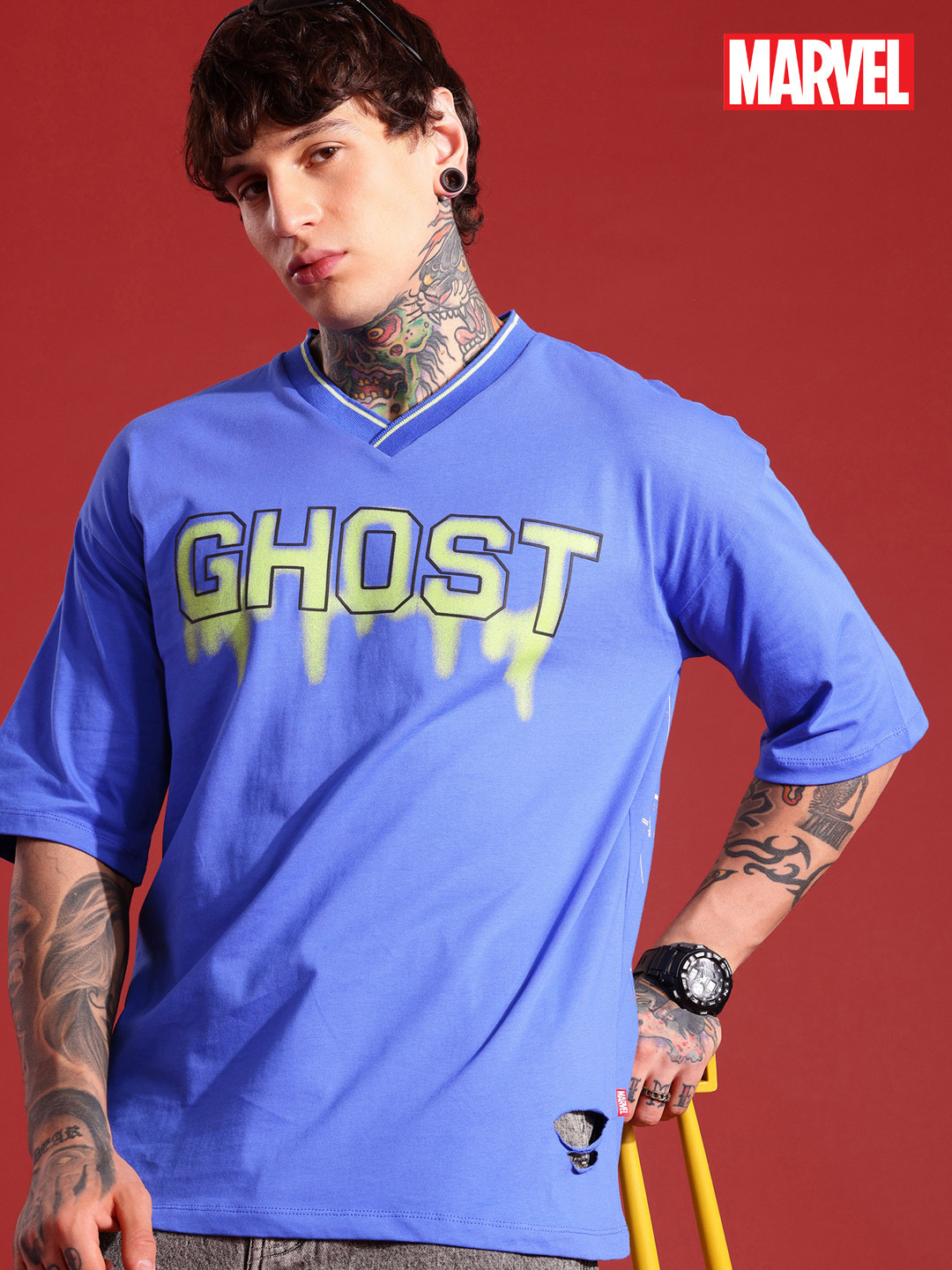 MARVEL STREET Graphic & Typographic Printed V-Neck Pure Cotton Oversized T-shirt