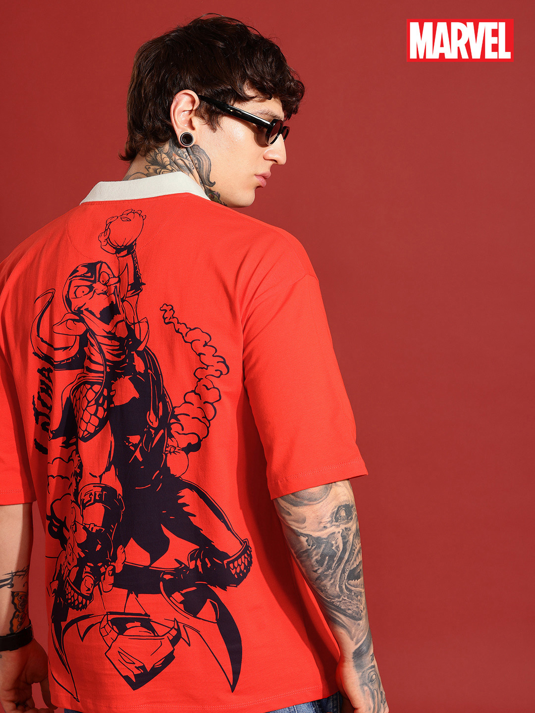 MARVEL STREET Marvel Printed Polo Collar Drop-Shoulder Sleeves Pure Cotton Relaxed Fit T-shirt