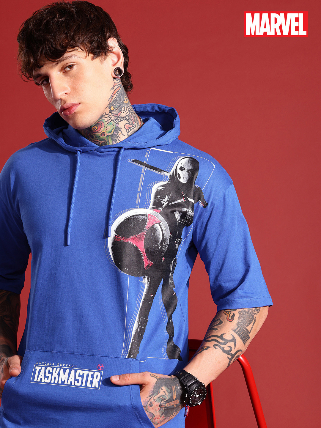 MARVEL STREET Taskmaster Graphic Printed Pure Cotton Oversized Hooded T-shirt