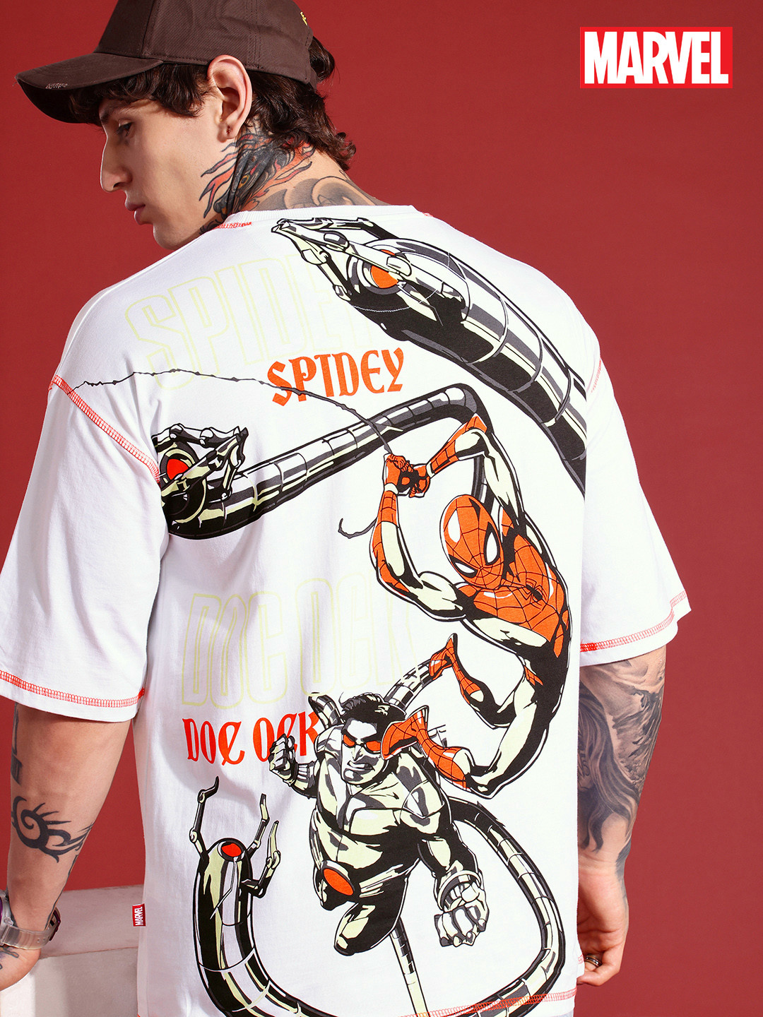 MARVEL STREET Spider-Man Graphic Printed Drop-Shoulder Pure Cotton Oversized T-shirt