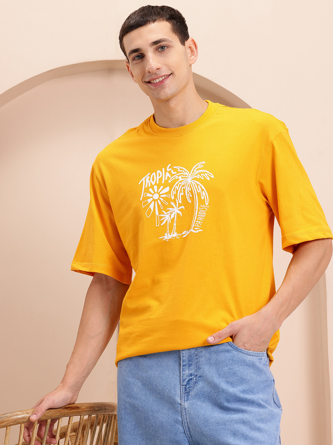 Mast & Harbour Printed Drop-Shoulder Sleeves Cotton Relaxed T-shirt