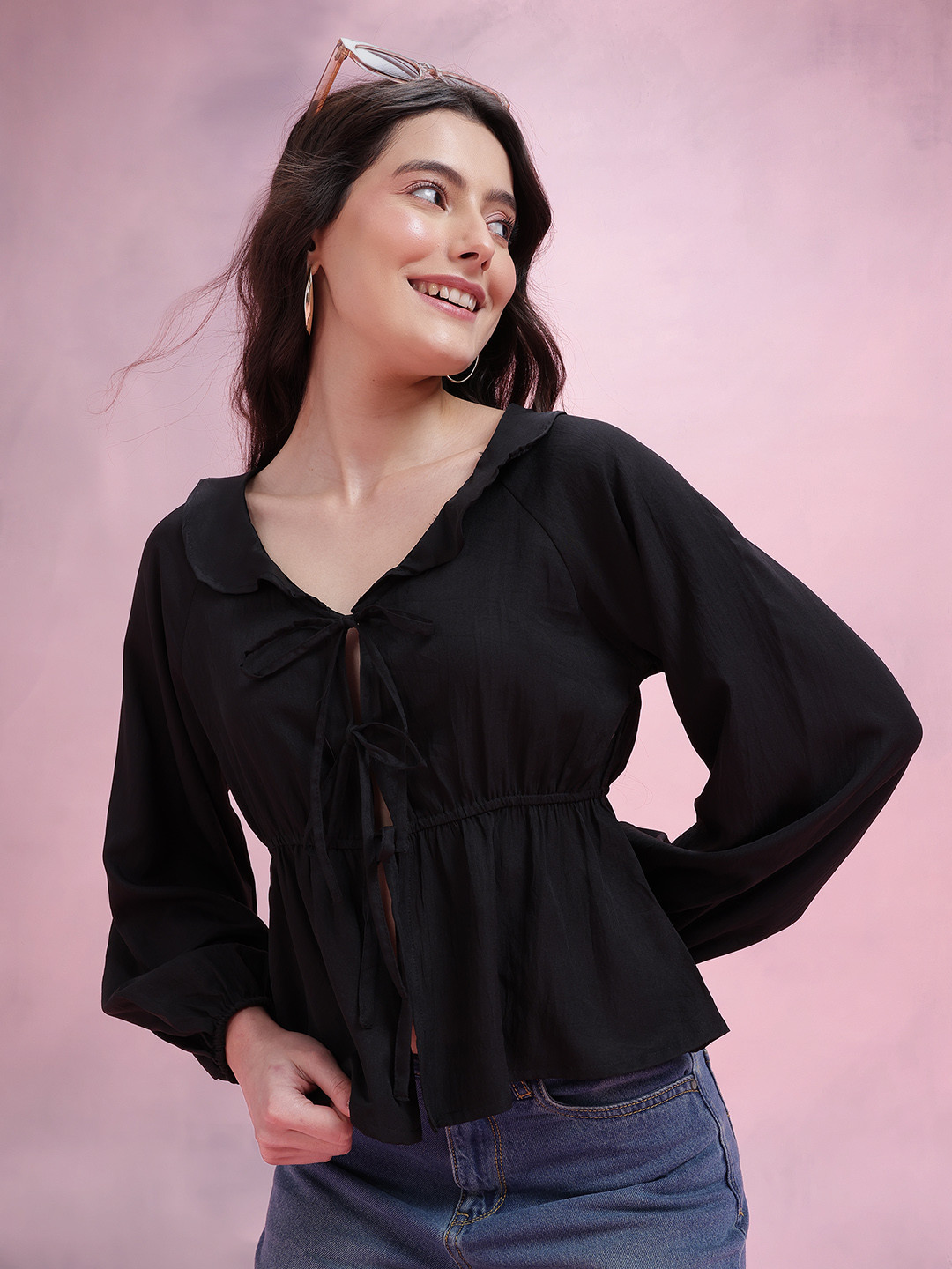 DressBerry Club Collar Puff Sleeve Peplum Top