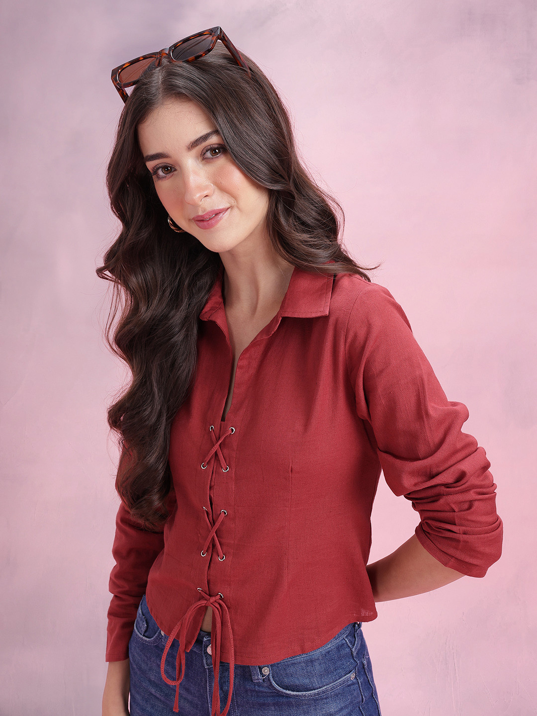 DressBerry Cotton Linen Tie-Up Back Shirt Style Top