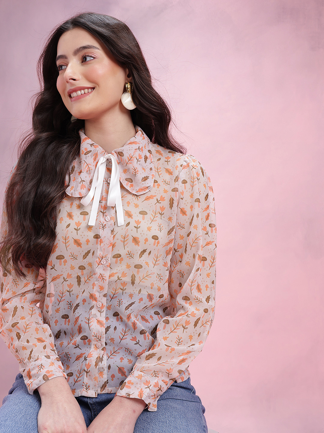 DressBerry Printed Semi Sheer Club Collar With Tie-Up Detail Shirt