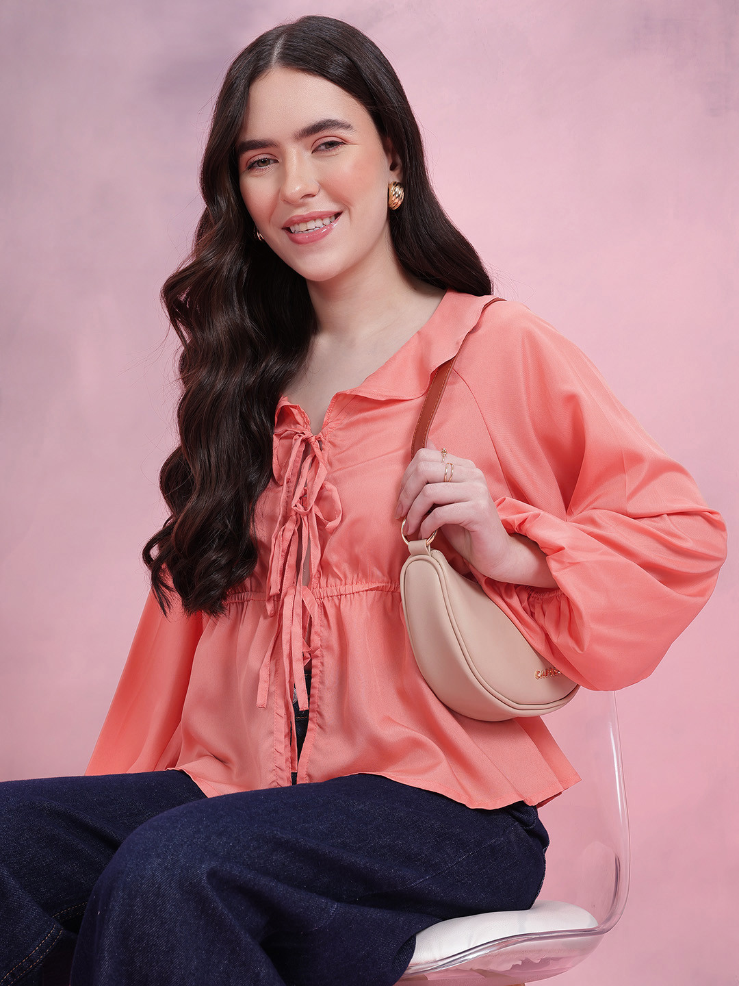 DressBerry Club Collar Front-Open Tie-Up Detail Peplum Top