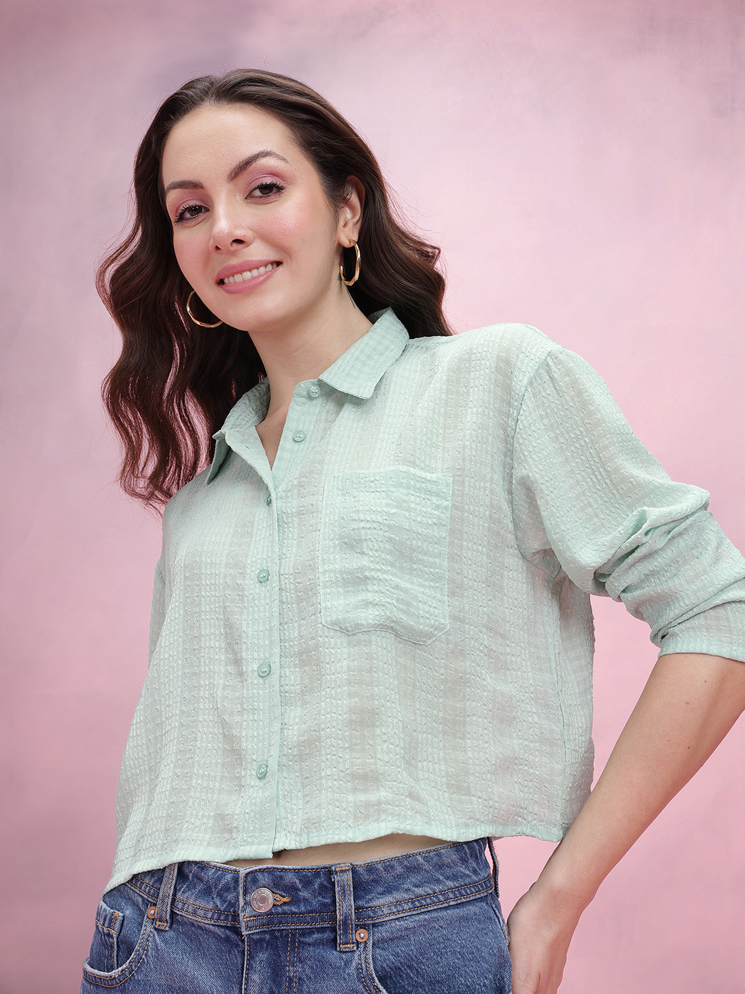 DressBerry Seersucker Checked Boxy Casual Shirt