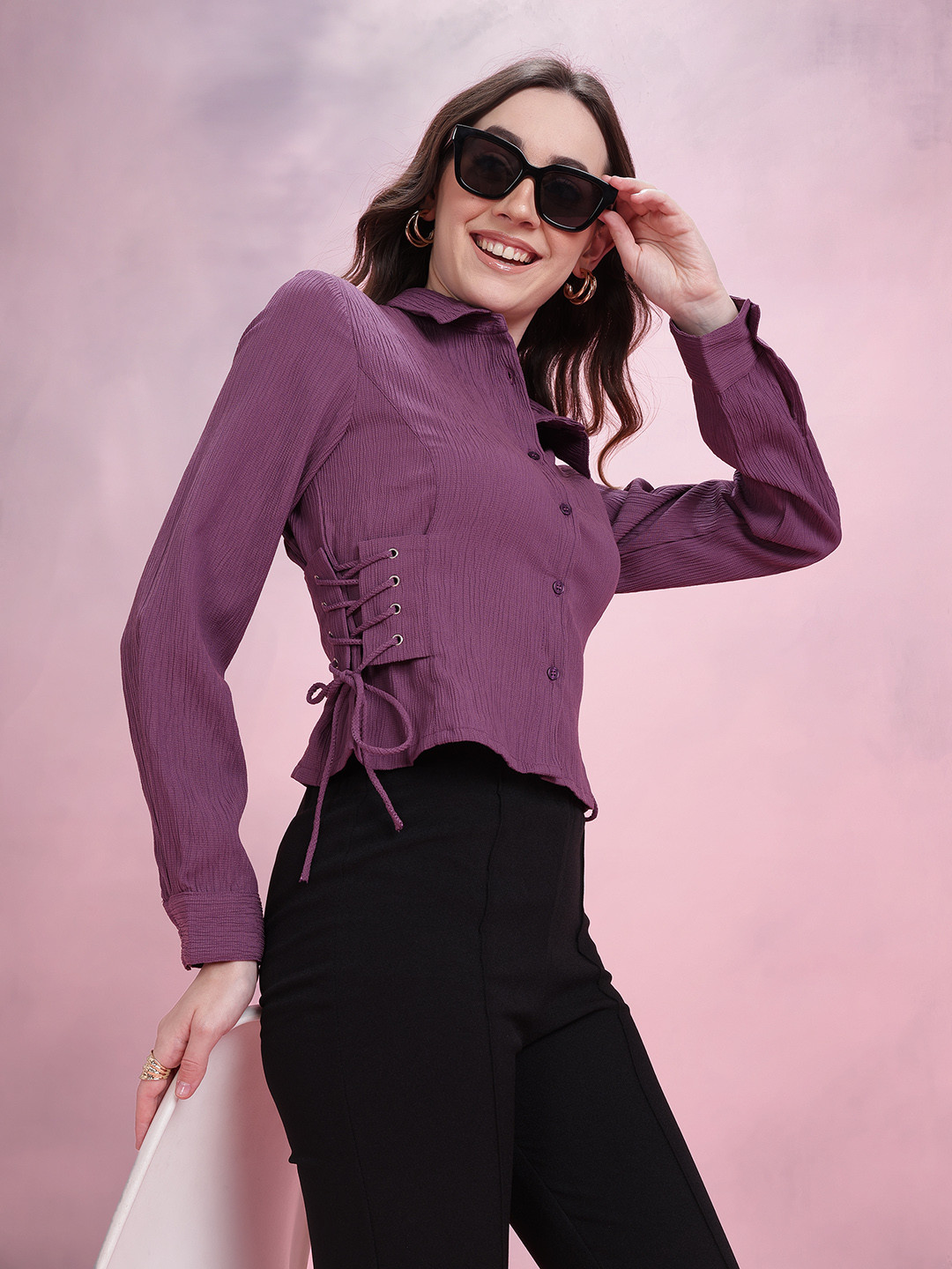 DressBerry Lace-Up Detail Crinkled Casual Shirt