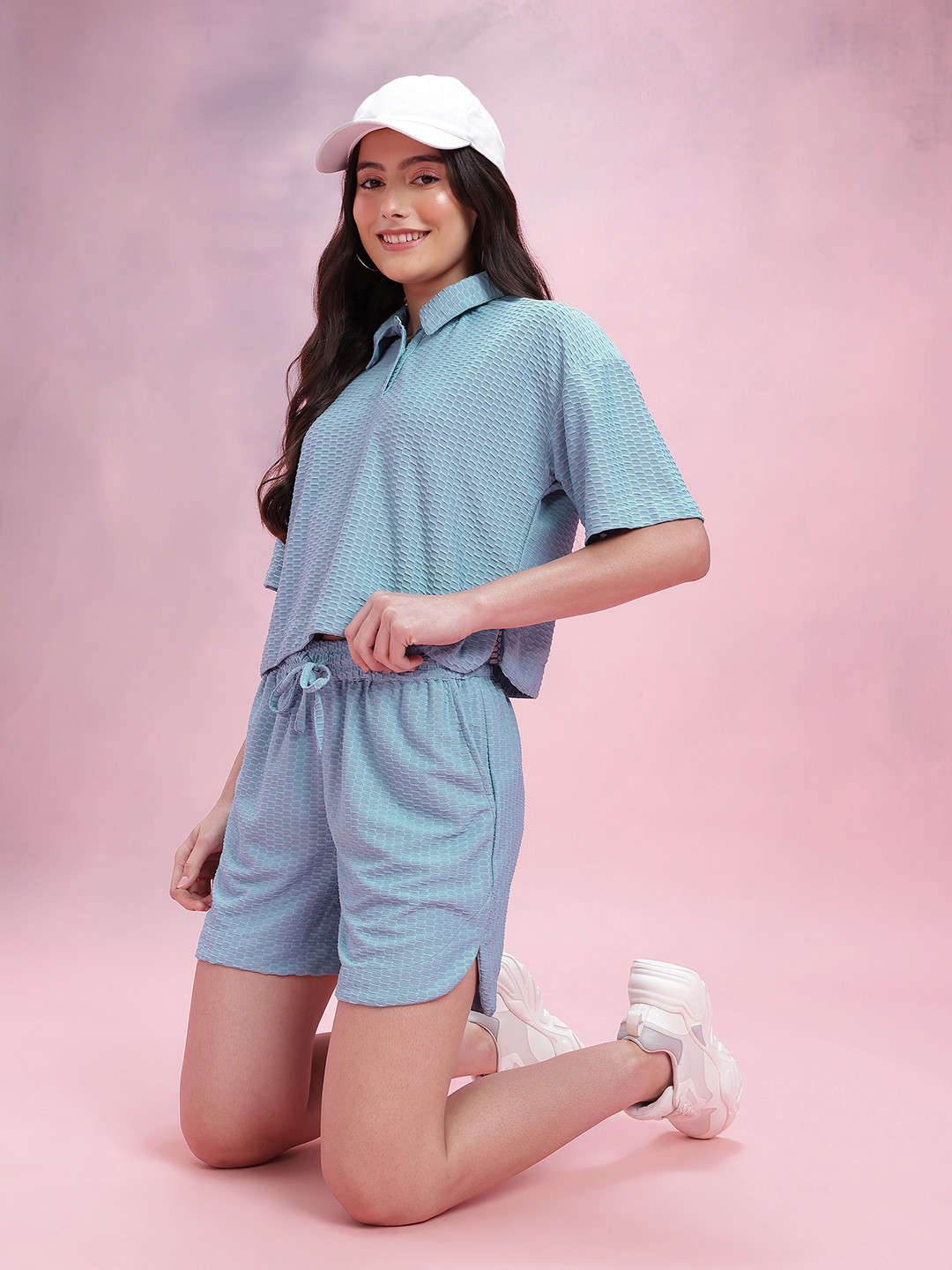 DressBerry Textured Polo Collar Top With Pull On Shorts Co-ords