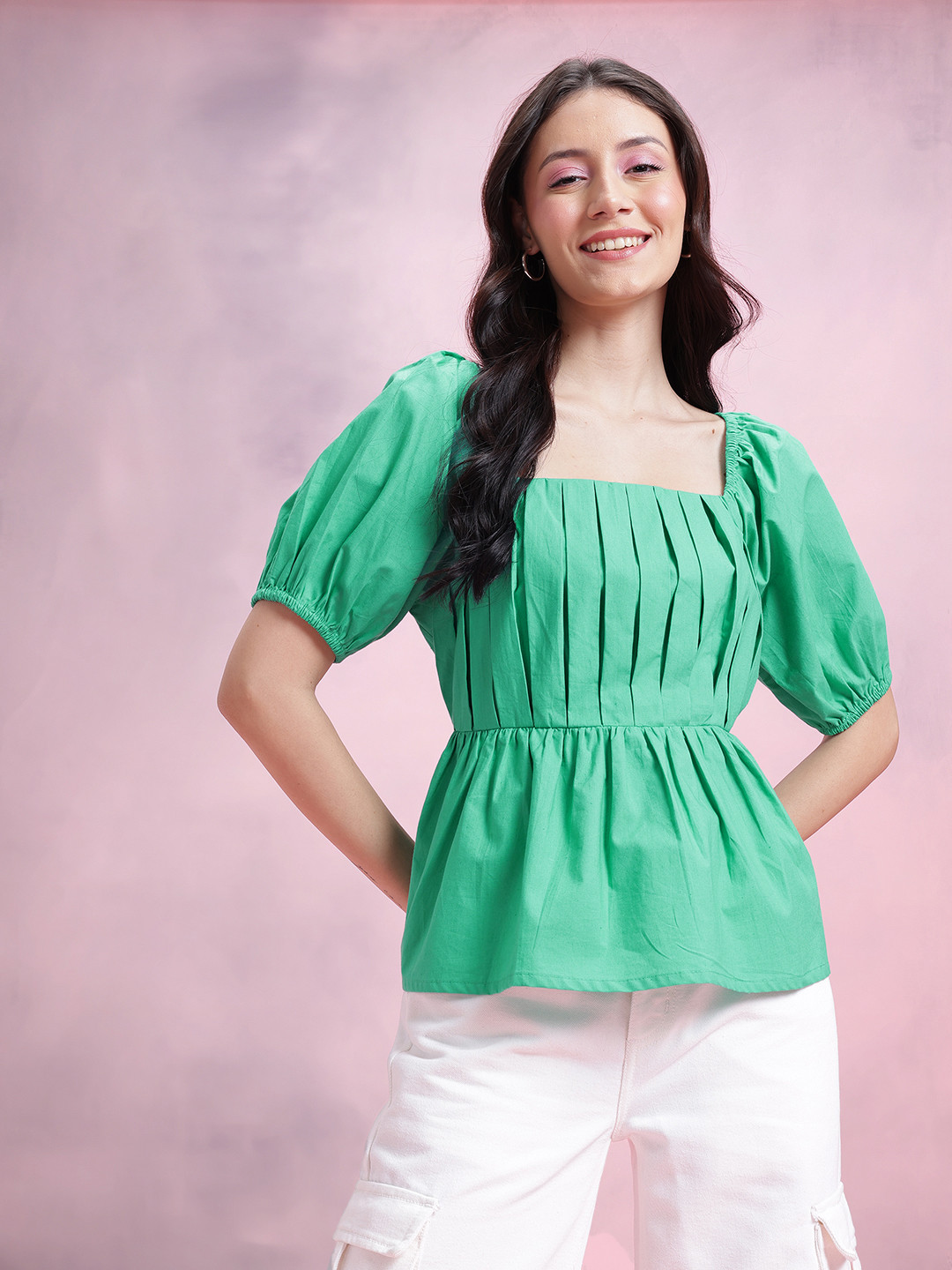 DressBerry Square Neck  Pleated Bow Detail Styled Back Top