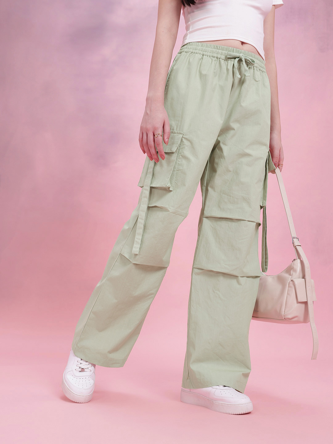 DressBerry Women Pleated Side Strap Flared Cargos