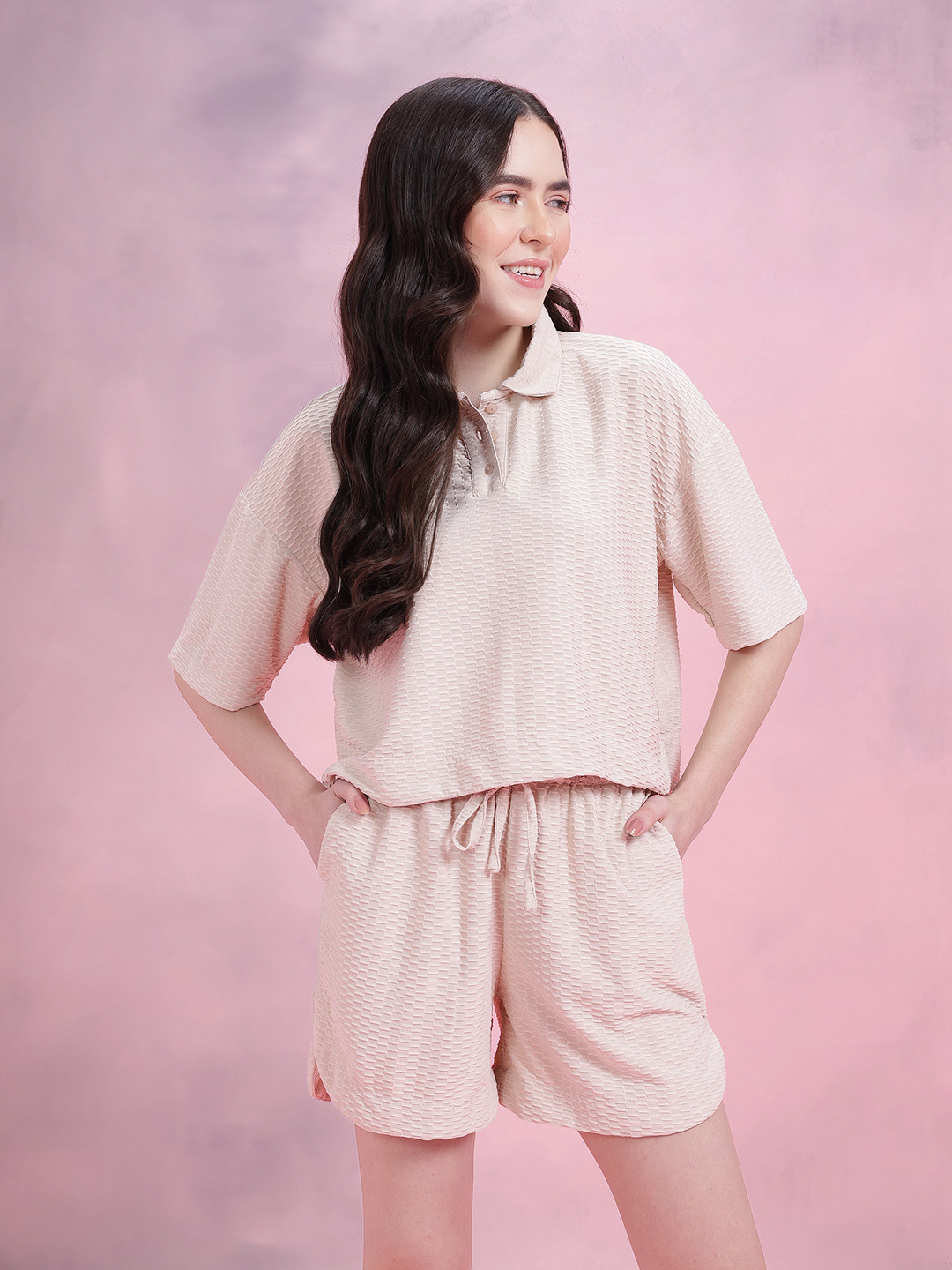 DressBerry Women Textured Polo Collar Top With Pull On Shorts Co-ords