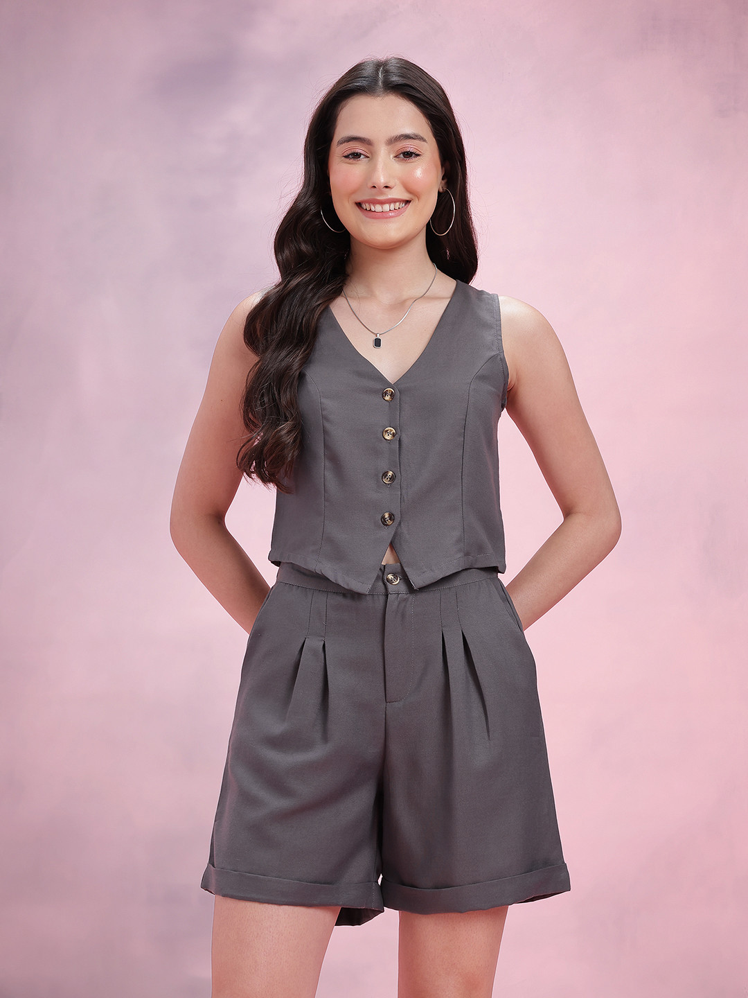 DressBerry Textured Vest Top With Pleated Pants Co-Ords