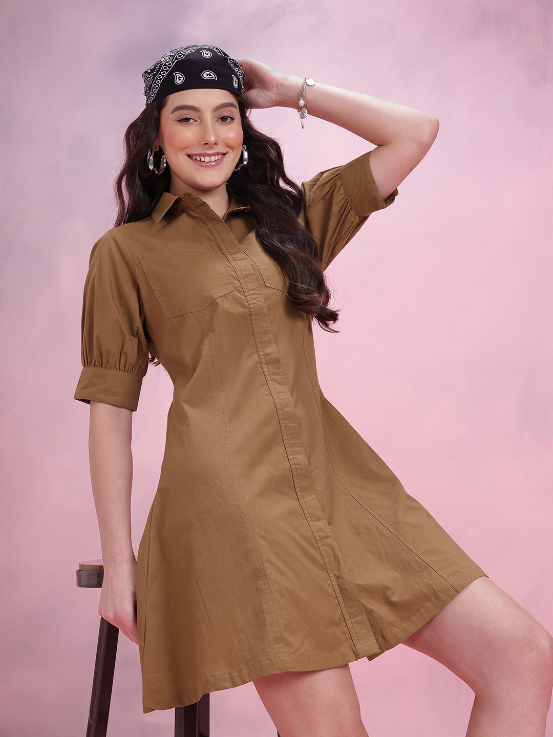 DressBerry Pure Cotton Puff Sleeves Mini Shirt Dress