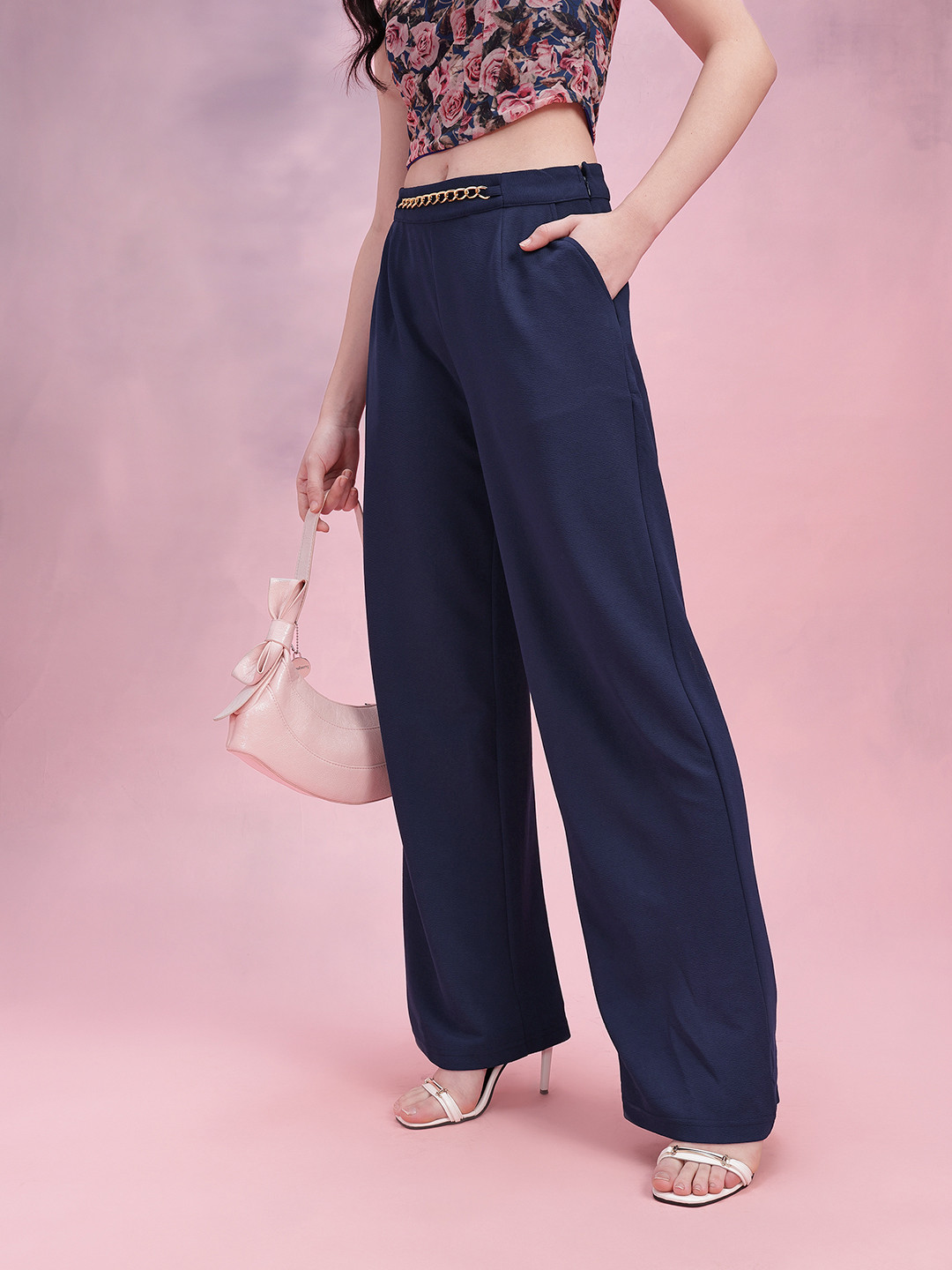 DressBerry Women Metallic Chain Detail Textured Pleated Trousers
