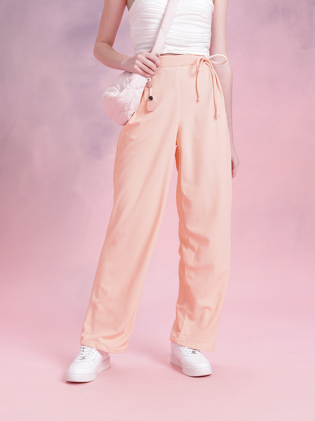 DressBerry Women Regular Fit Textured Tie-Up Waist Trousers