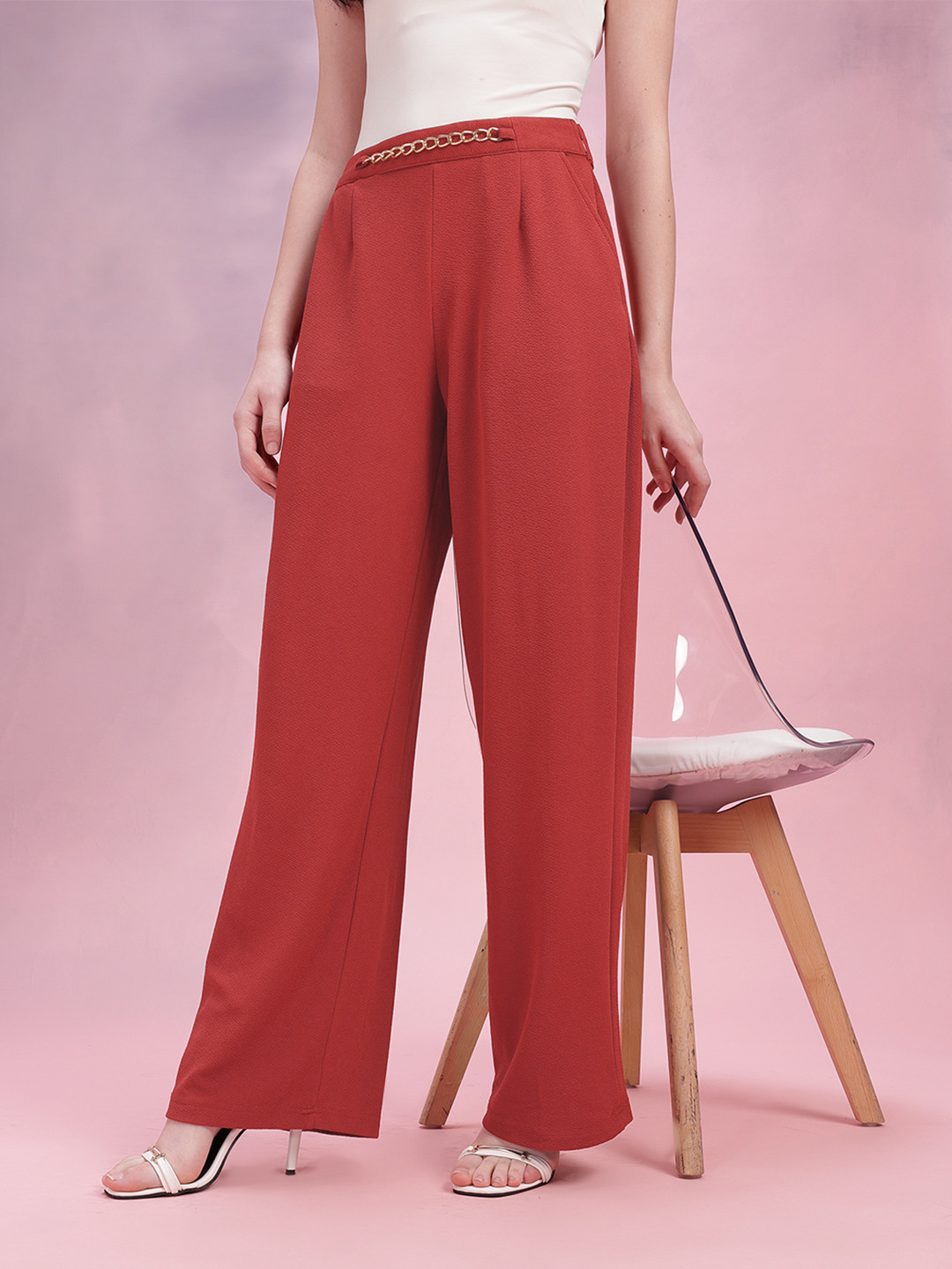 DressBerry Women Metallic Chain Detail Textured Pleated Trousers