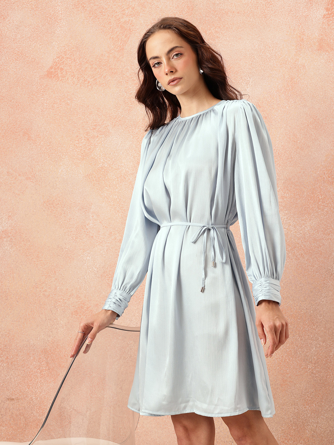 all about you Gathered Detail Bishop Sleeves Party Satin A-Line Dress with Belt