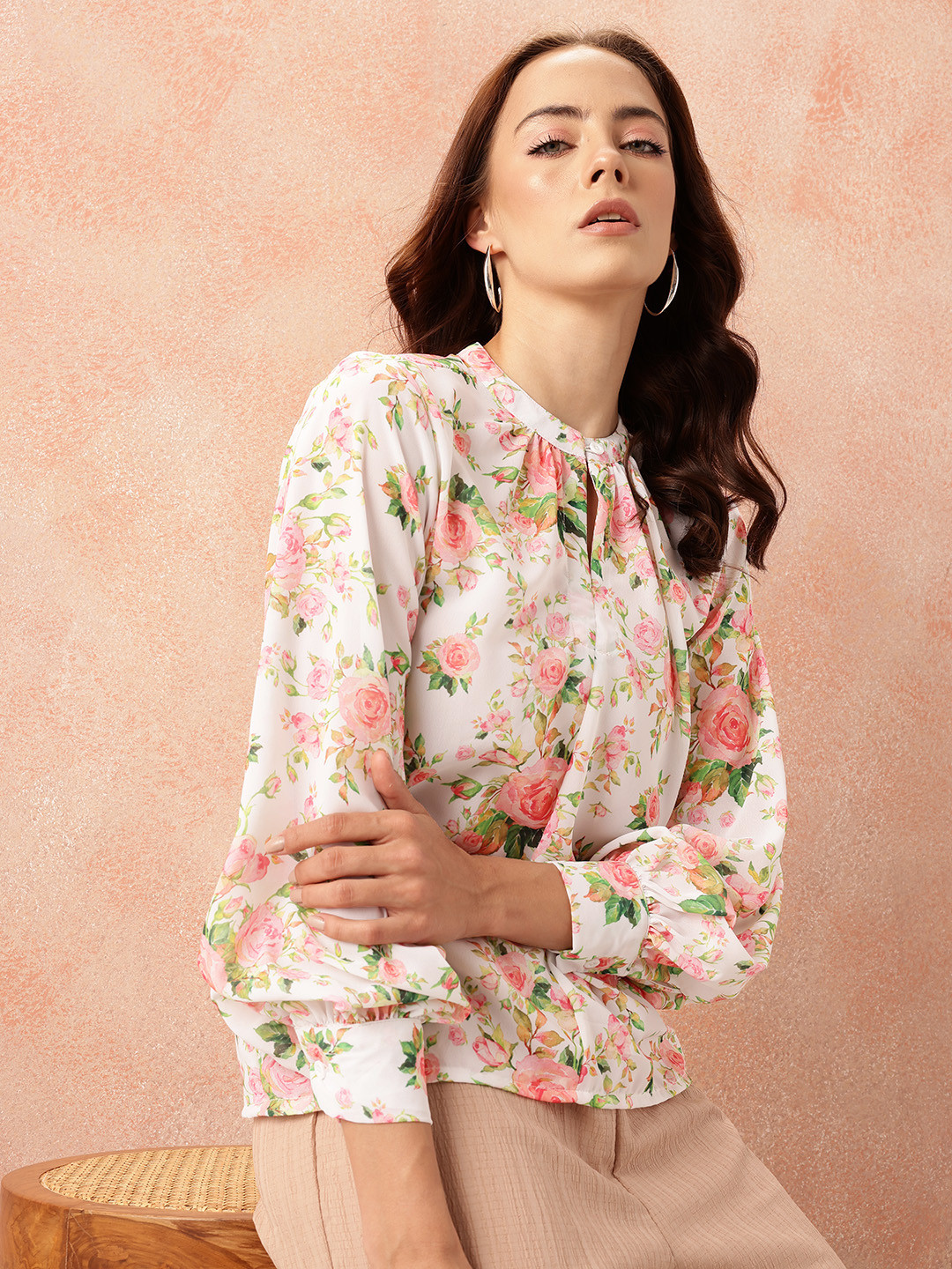 all about you Floral Print Keyhole Neck Puff Sleeves Georgette Semi-Sheer Top