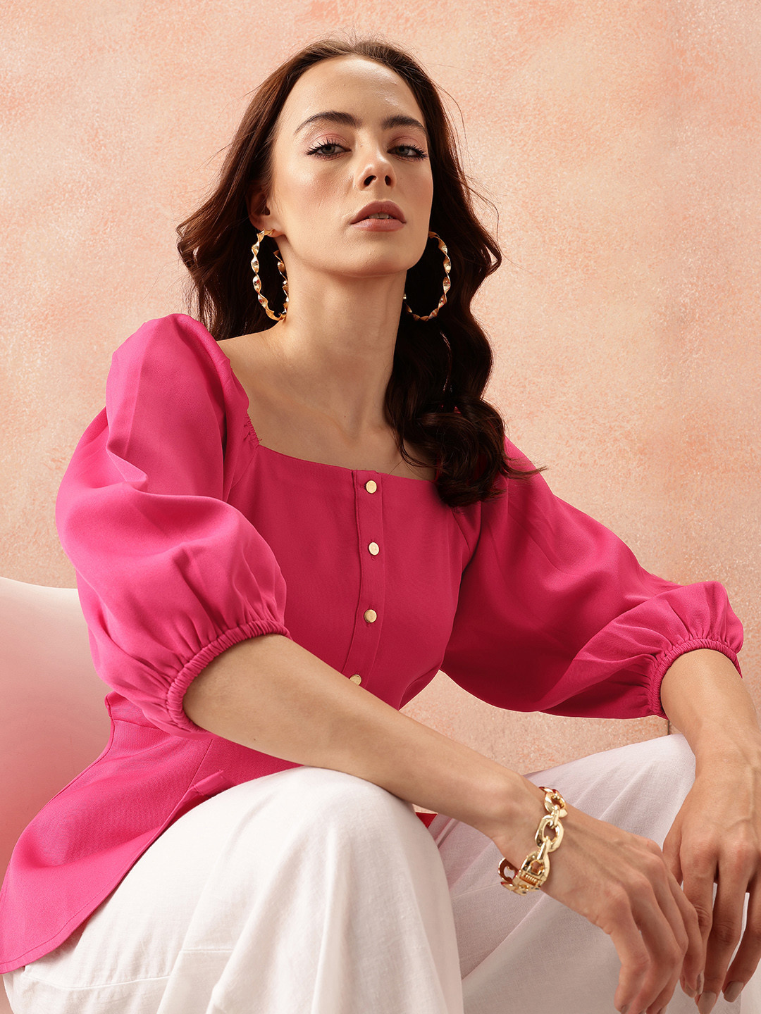 all about you Square Neck Puff Sleeves Button-Down A-Line Top