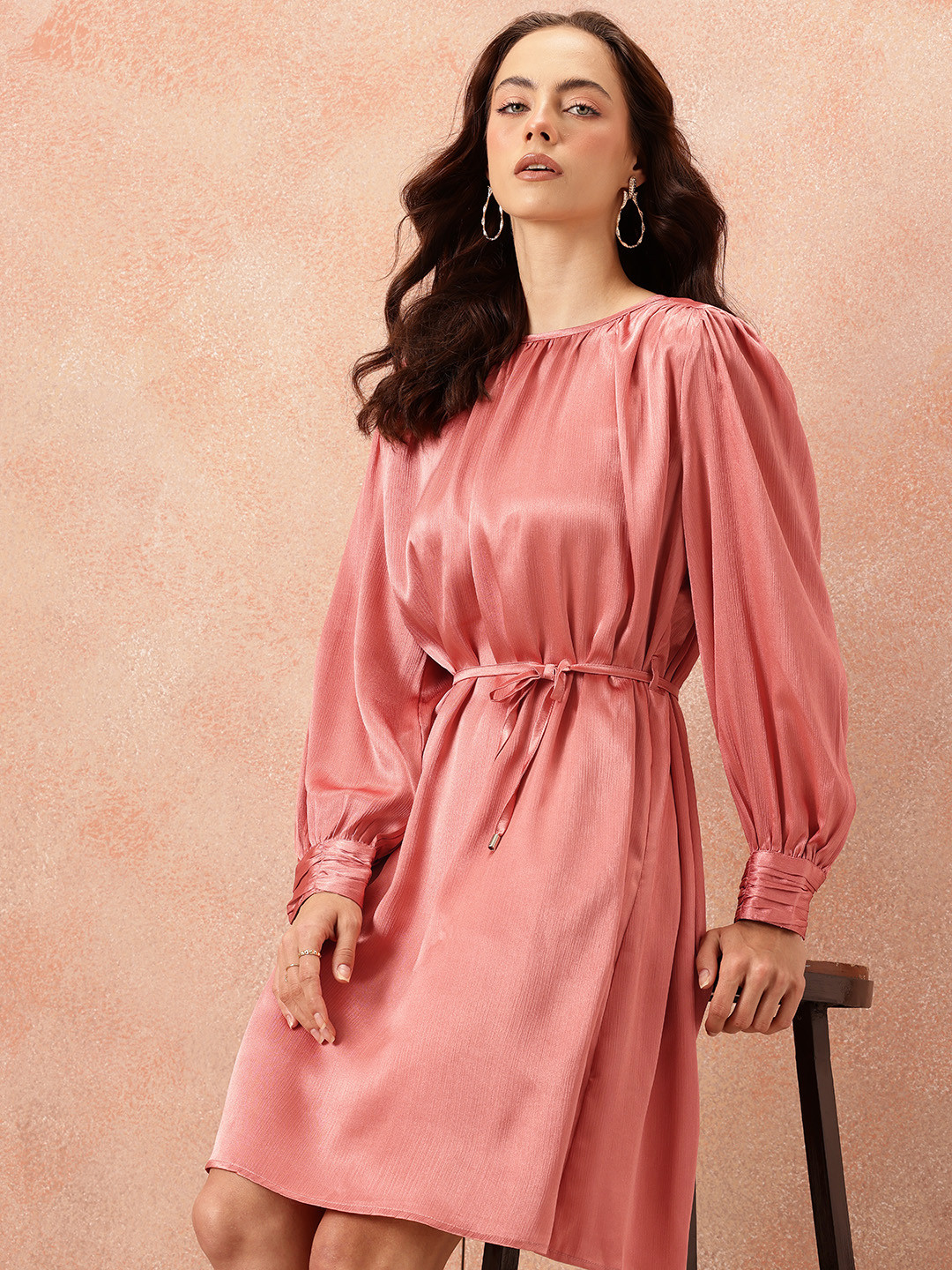 all about you Gathered Detail Bishop Sleeves Party Satin A-Line Dress with Belt