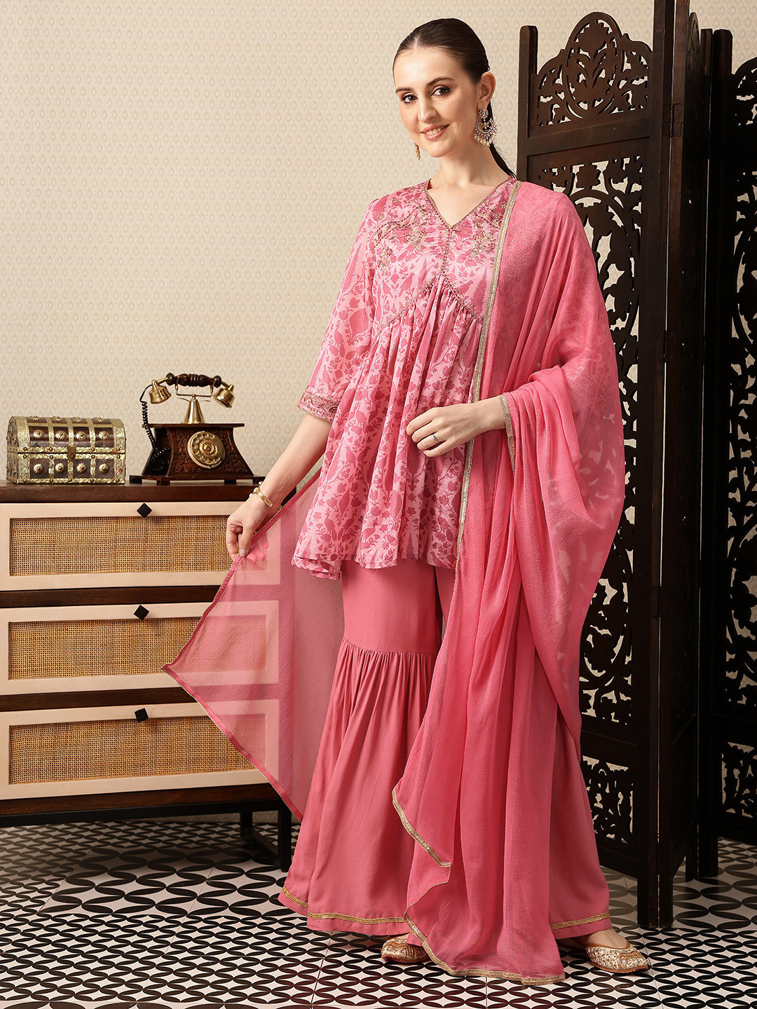 House of Pataudi Floral Printed Sequinned Gathered Jashn Kurti With Sharara & Dupatta