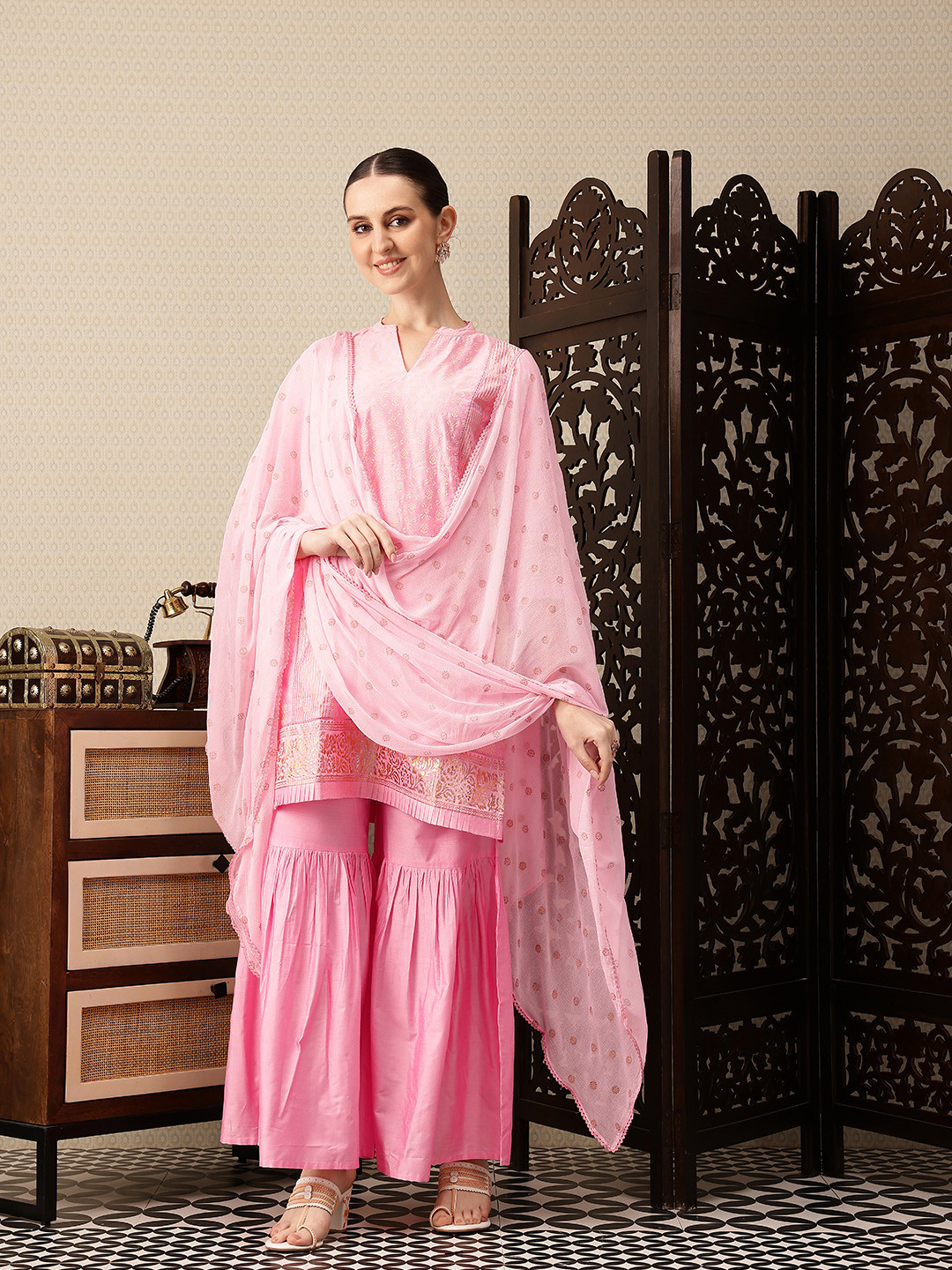 House of Pataudi Indie-Floral Foil Printed Jashn Kurta with Sharara & Dupatta