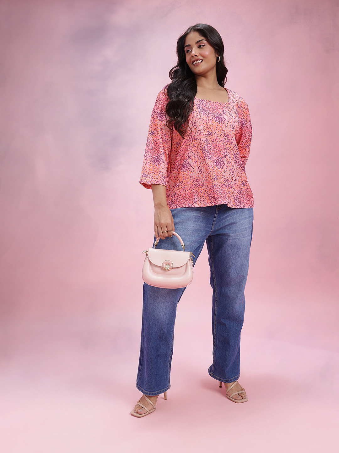 DressBerry Curve Plus Size Square Neck Abstract Print A-Line Top
