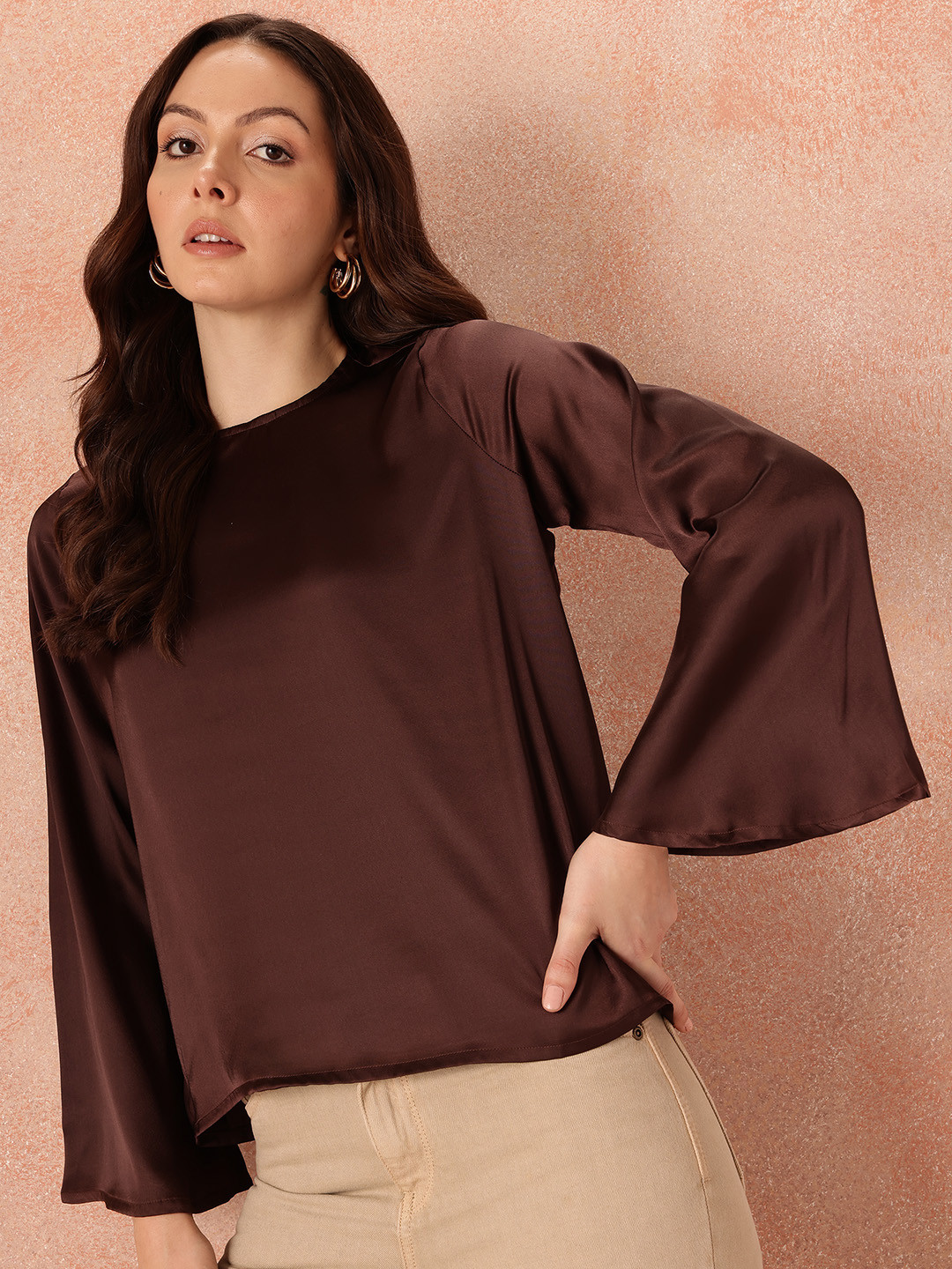 All About You Formals Mocha Mousse Satin Finish Flared Sleeve Top