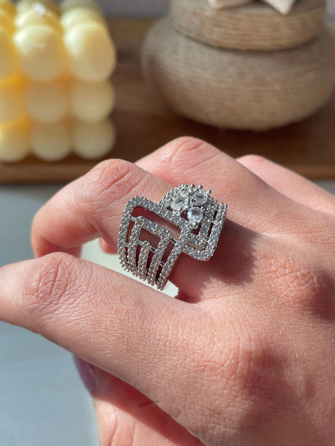 ISHKAARA Rhodium-Plated American Diamond Studded Luminous Kiss Finger Ring