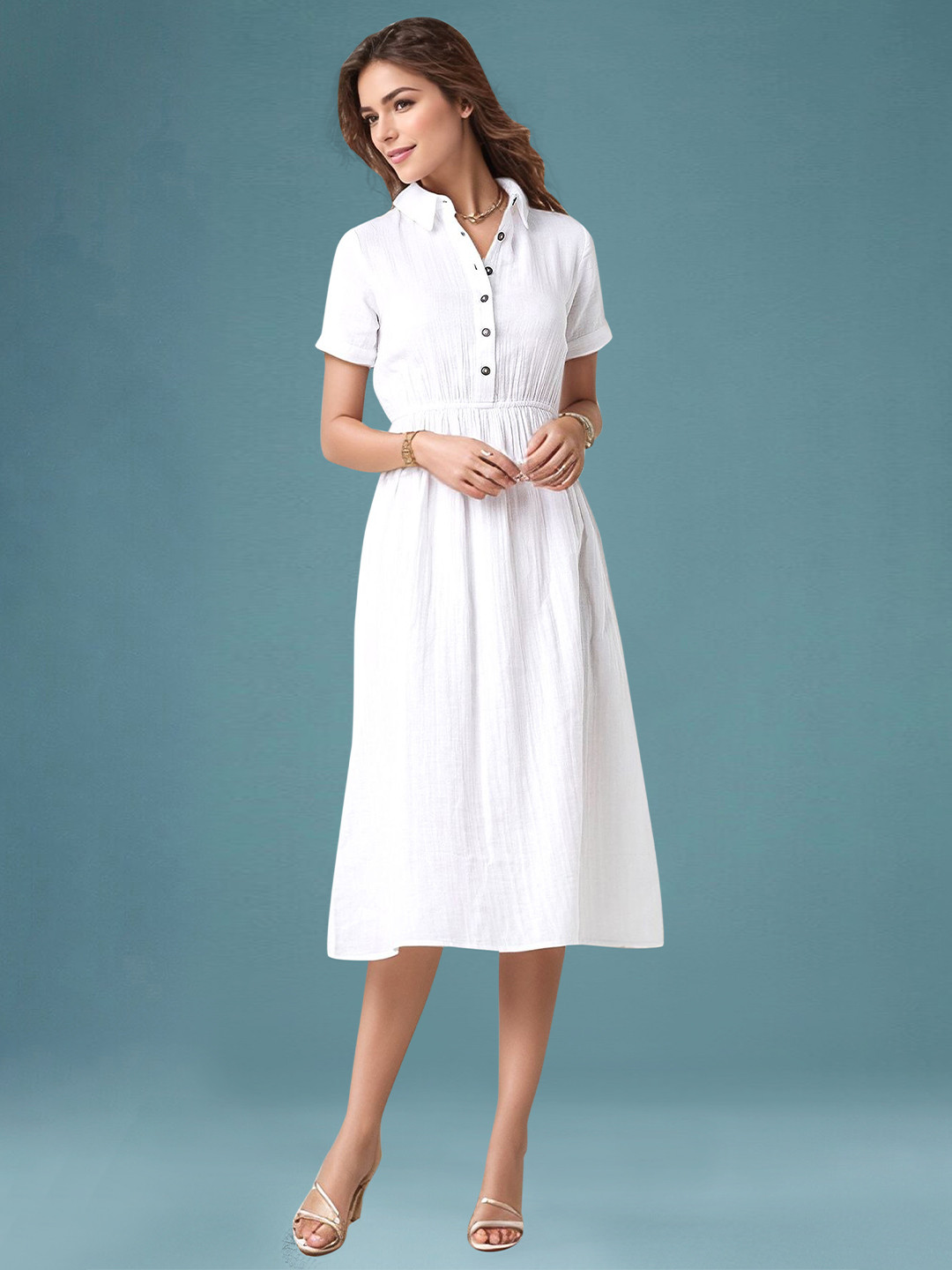 DressBerry Women's White Solid Georgette Below Knee Dress