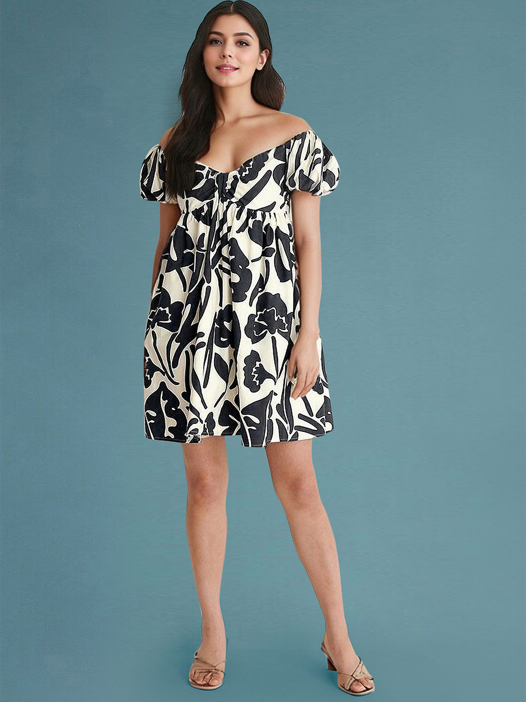 DressBerry Women's Dark Grey Blue FLORAL Poly Rayon Mini Dress