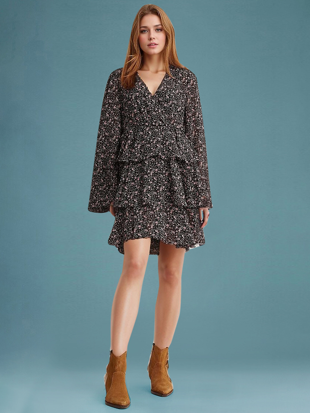 DressBerry Women's Black Floral Crepe Above Knee Dress