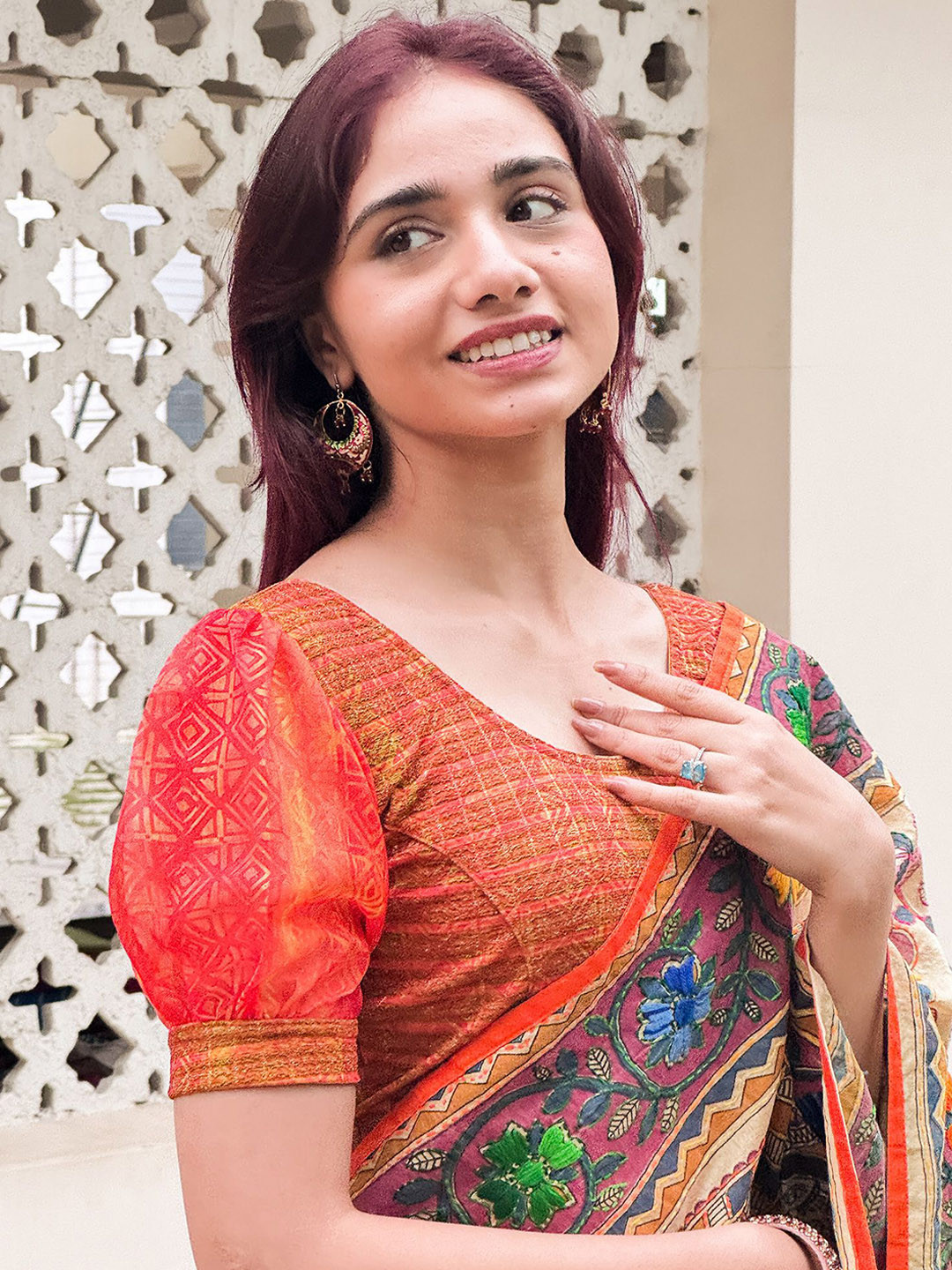 Bindigasm's Advi Puff Sleeves Organza Stretchable Slip-On Blouse