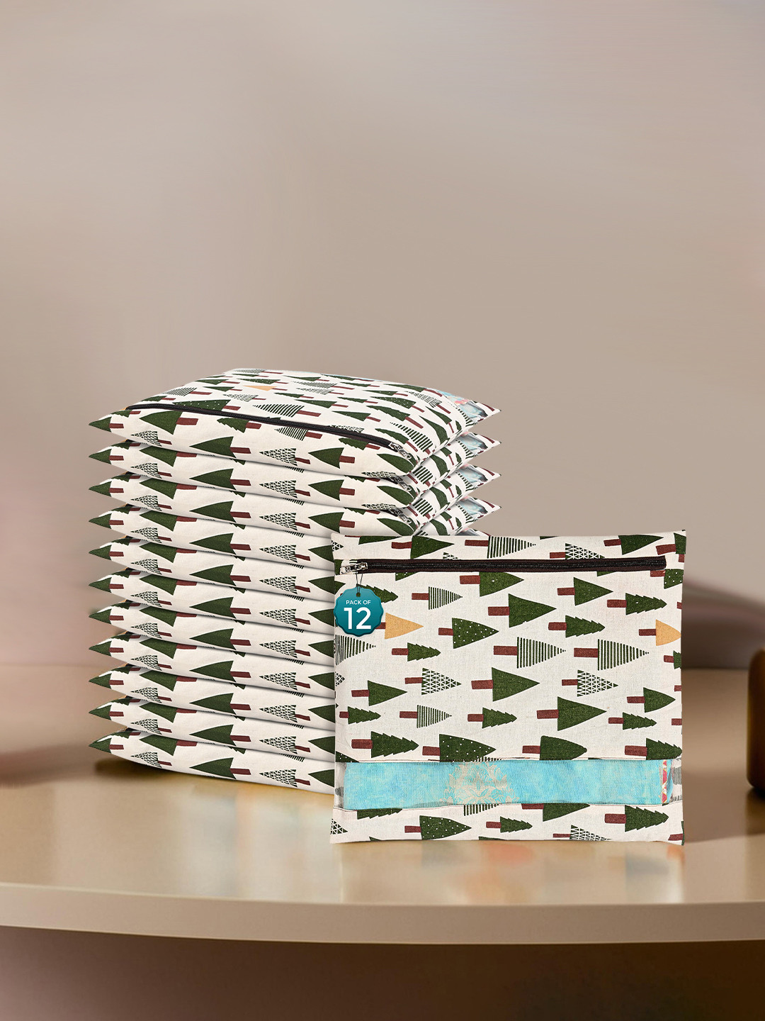 Kuber Industries White & Green 12 Pieces Tree Printed Mesh Cotton Saree Covers Organizers