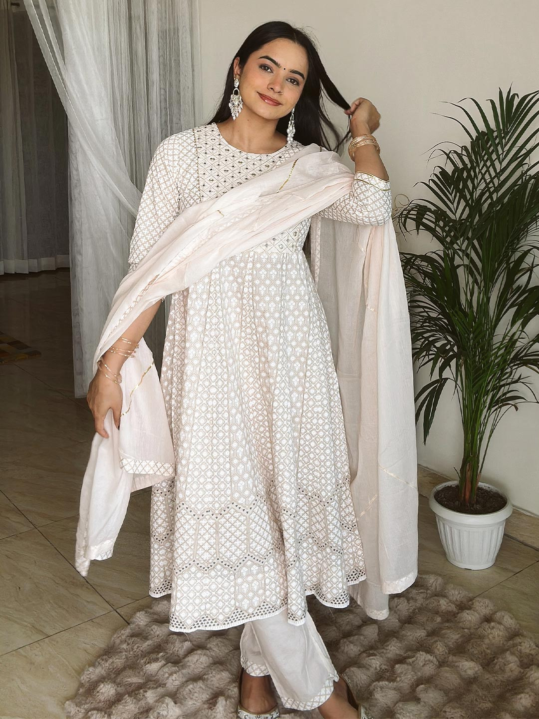 Janasya Women's Beige Pure Cotton Ethnic Motifs Printed Anarkali Kurta Set